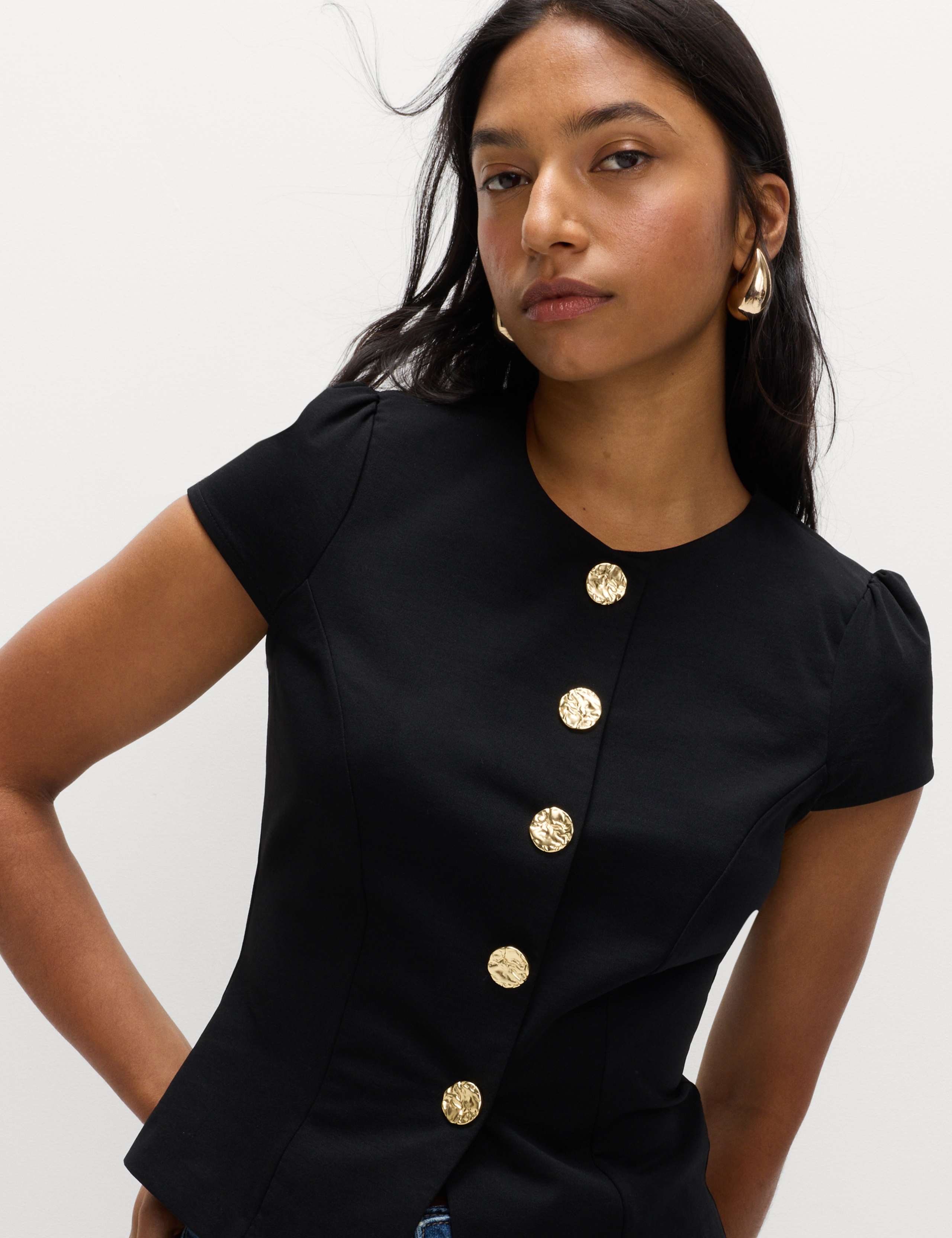 Round Neck Fitted Button Detail Top 5 of 5