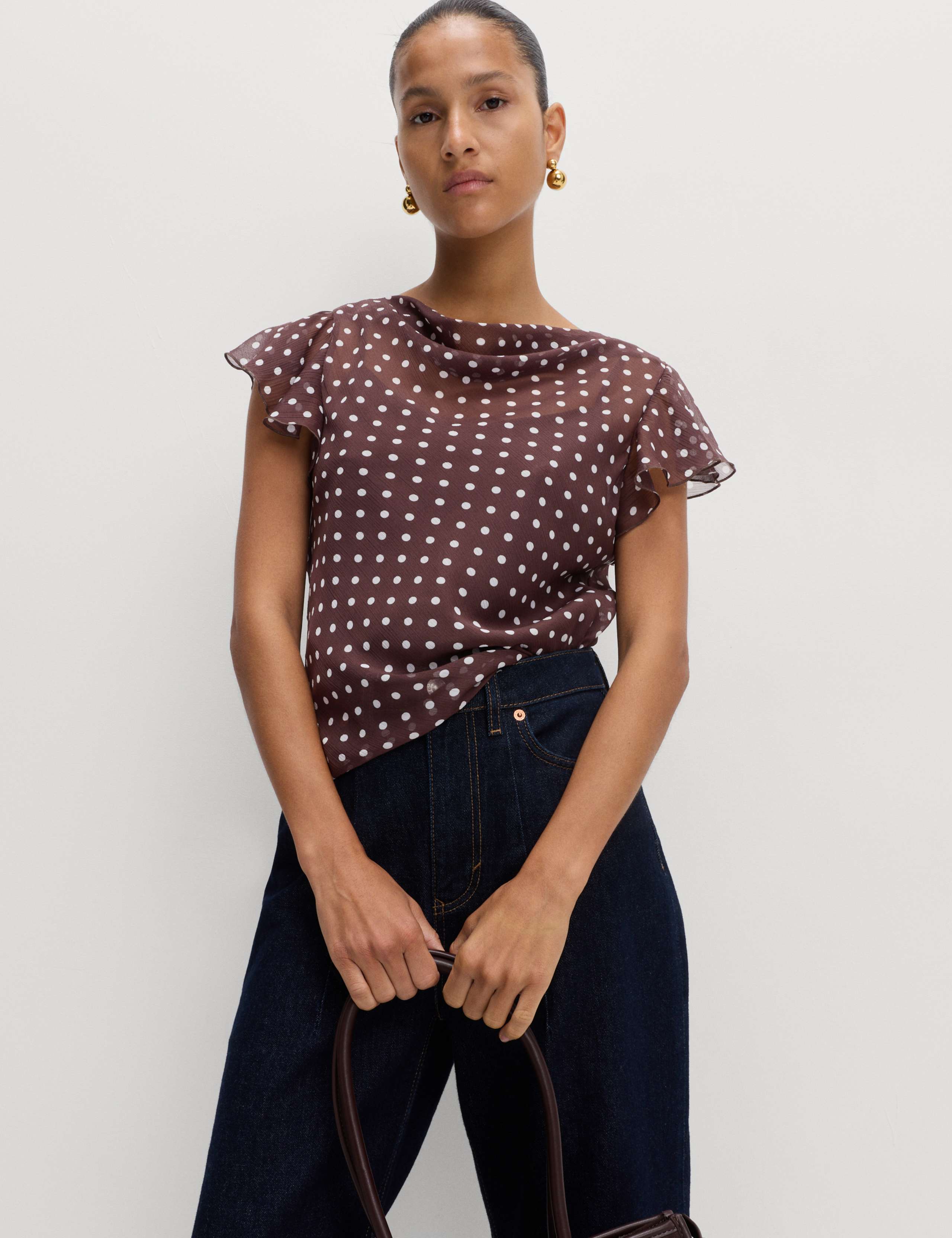 Polka Dot Cowl Neck Frill Sleeve Top 3 of 6