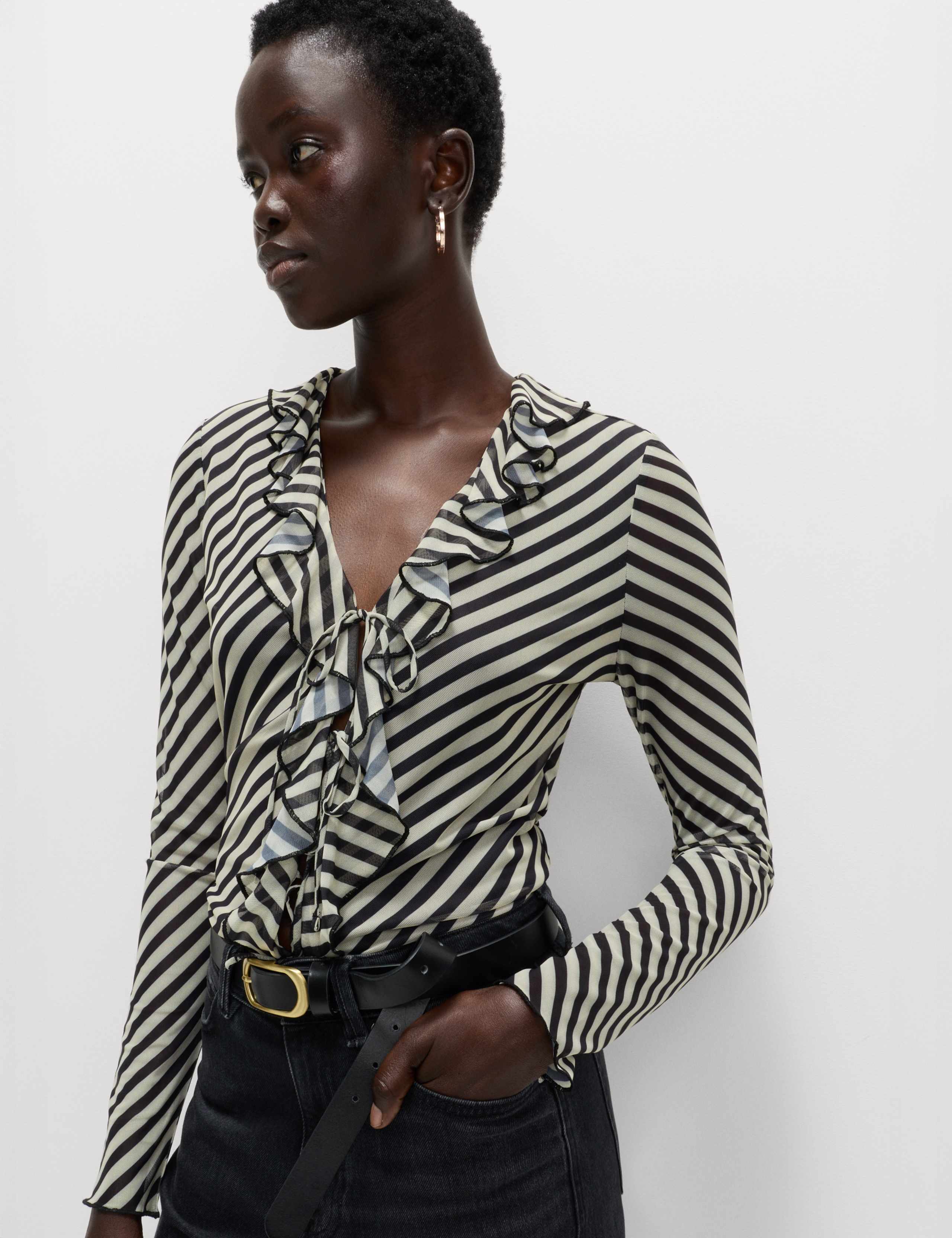 Striped V-Neck Frill Detail Top 5 of 6