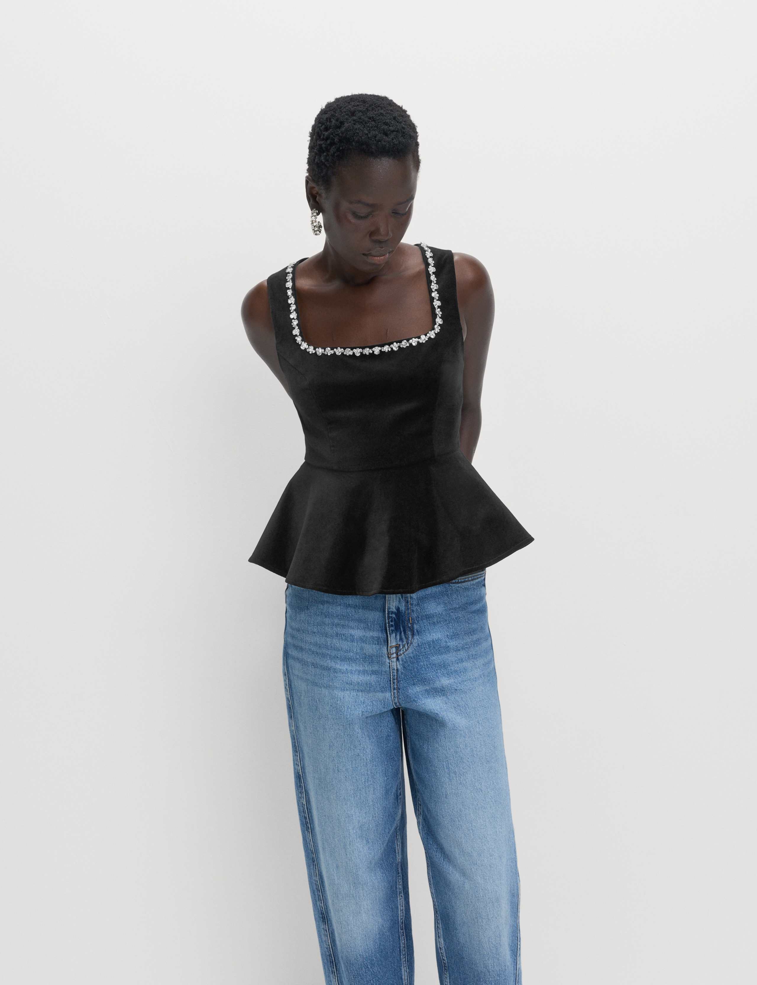 Velvet Embellished Detail Fitted Peplum Top 5 of 6