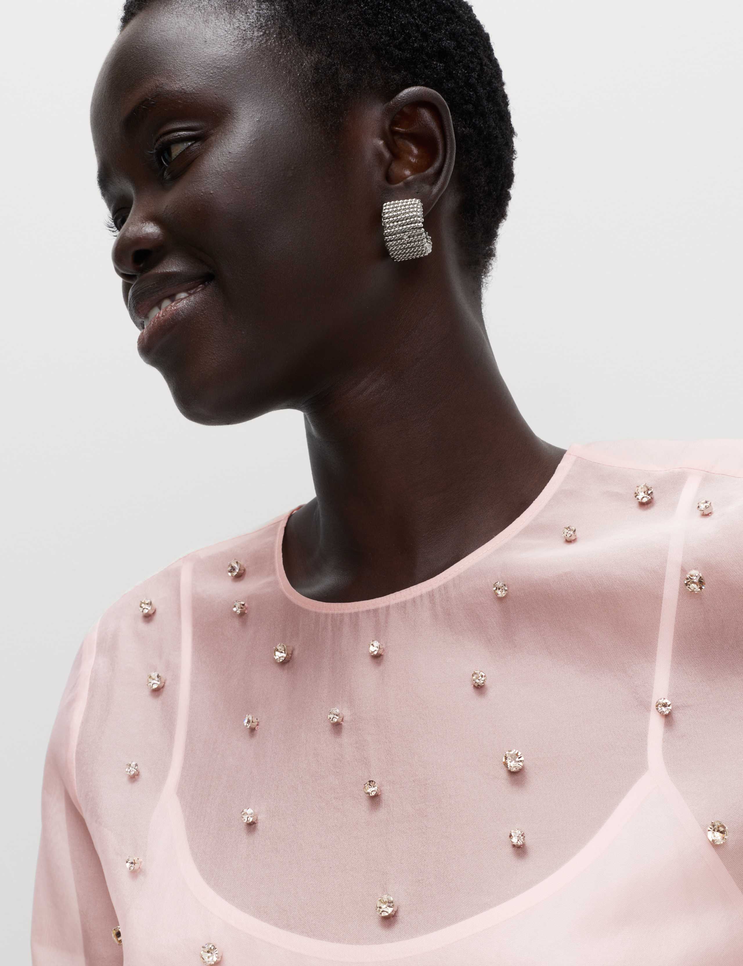 Organza Embellished Round Neck Top 1 of 6