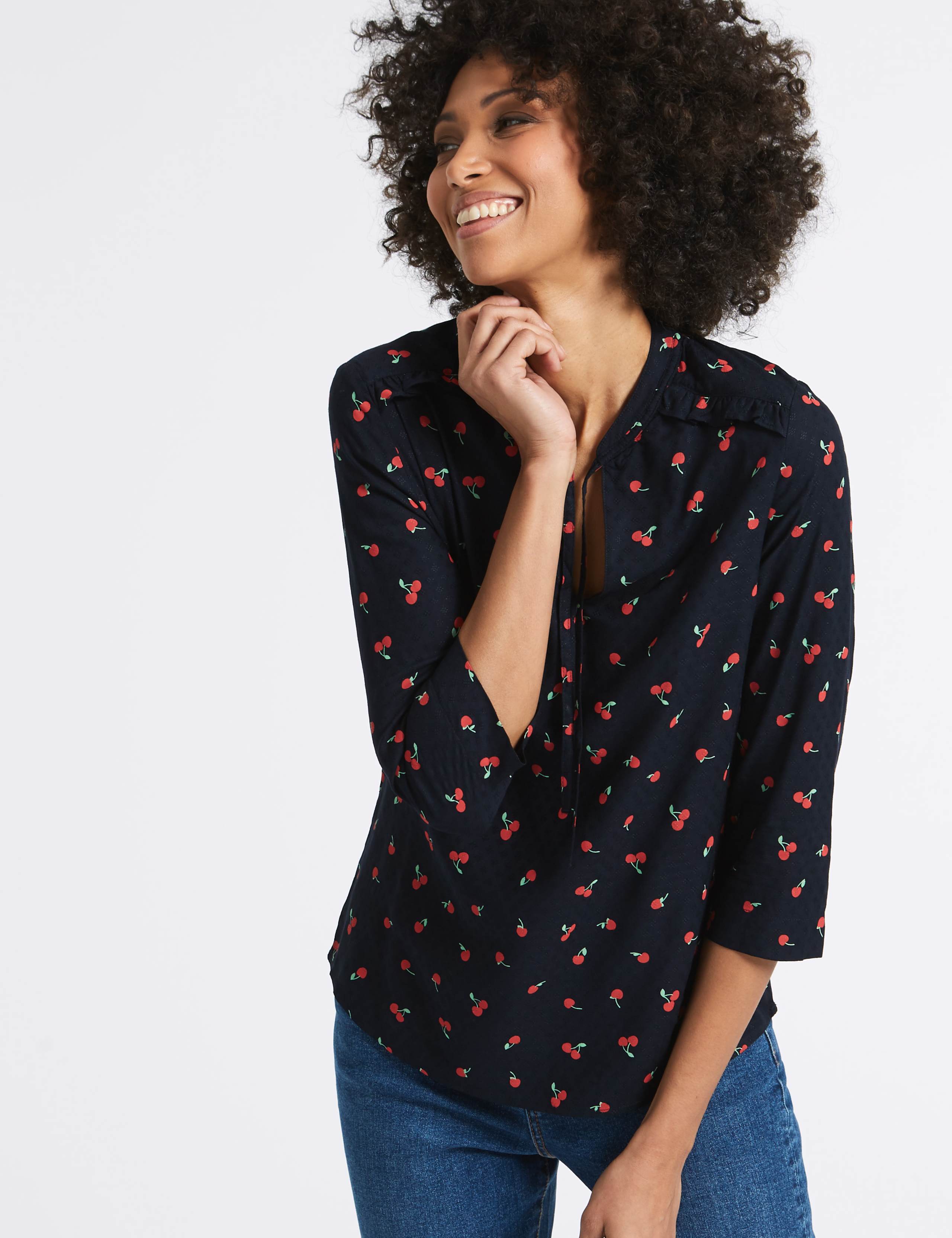 Cherry Print Notch Neck ¾ Sleeve Blouse 3 of 4