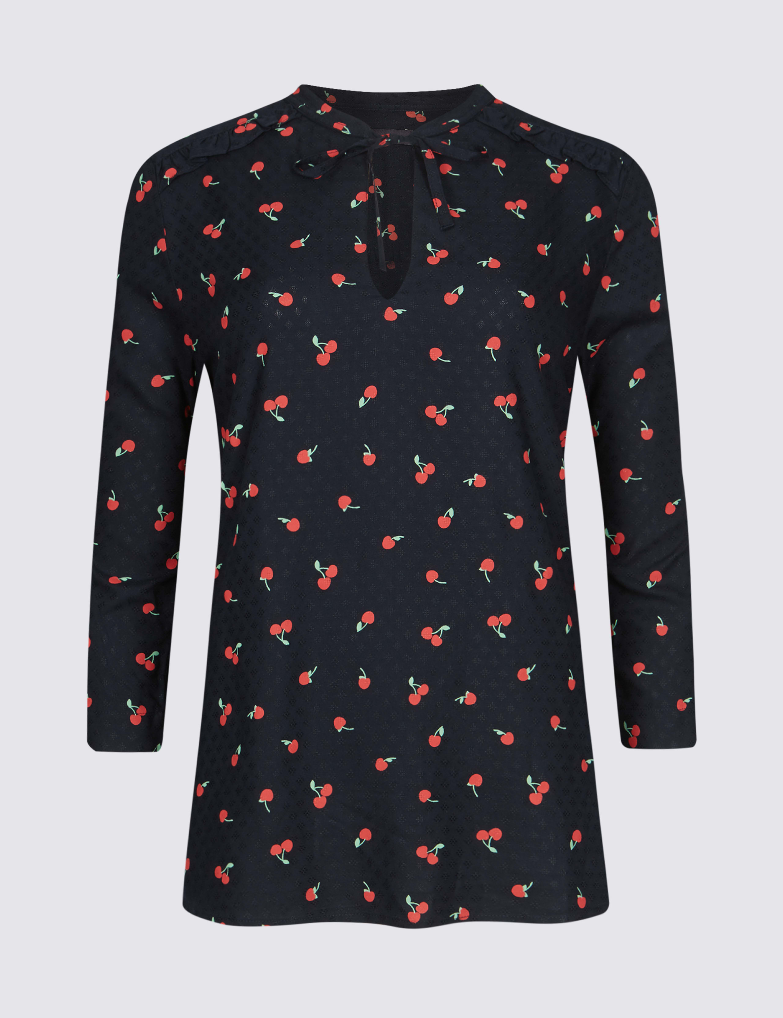 Cherry Print Notch Neck ¾ Sleeve Blouse 2 of 4