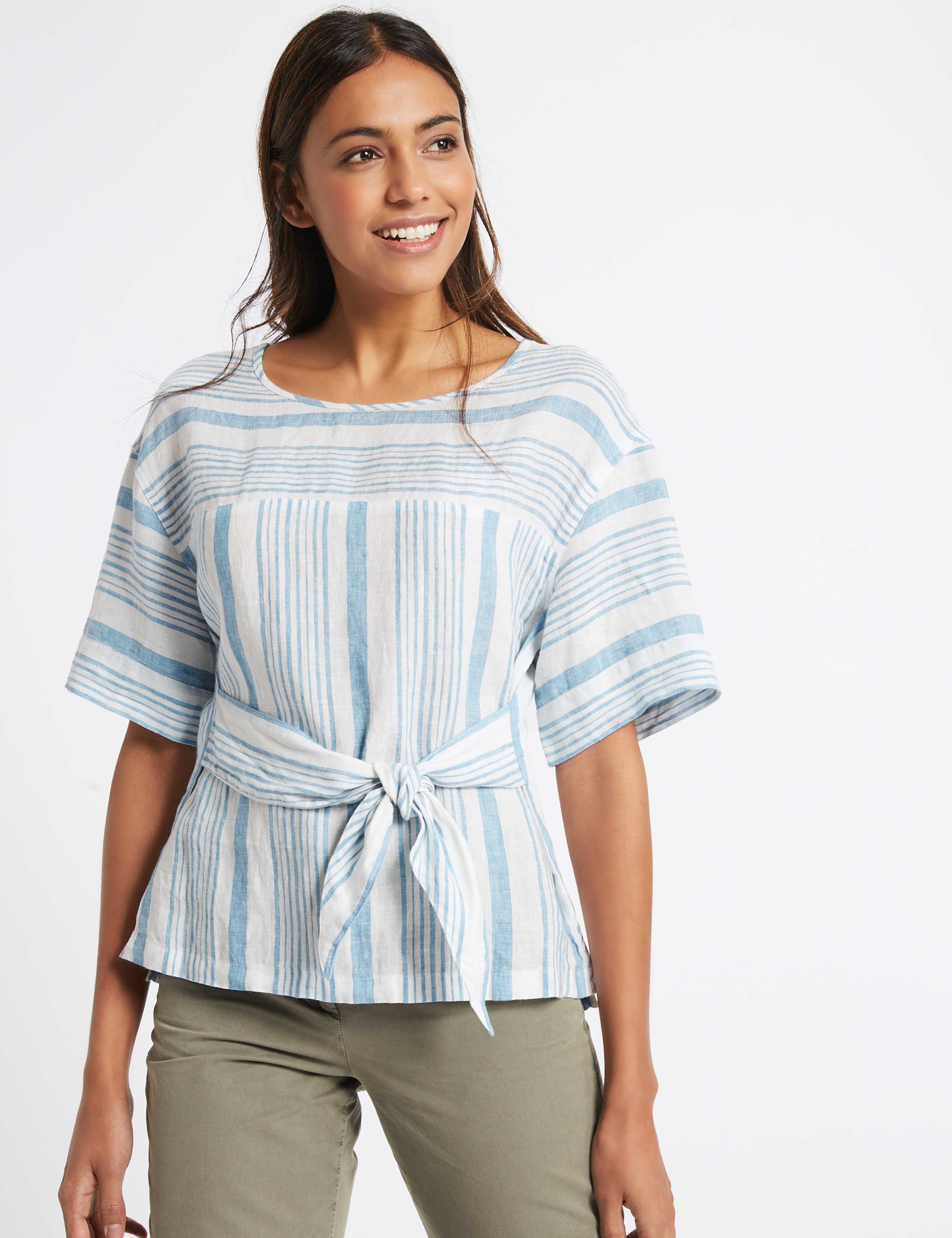 Pure Linen Striped Tie Front Blouse 1 of 4