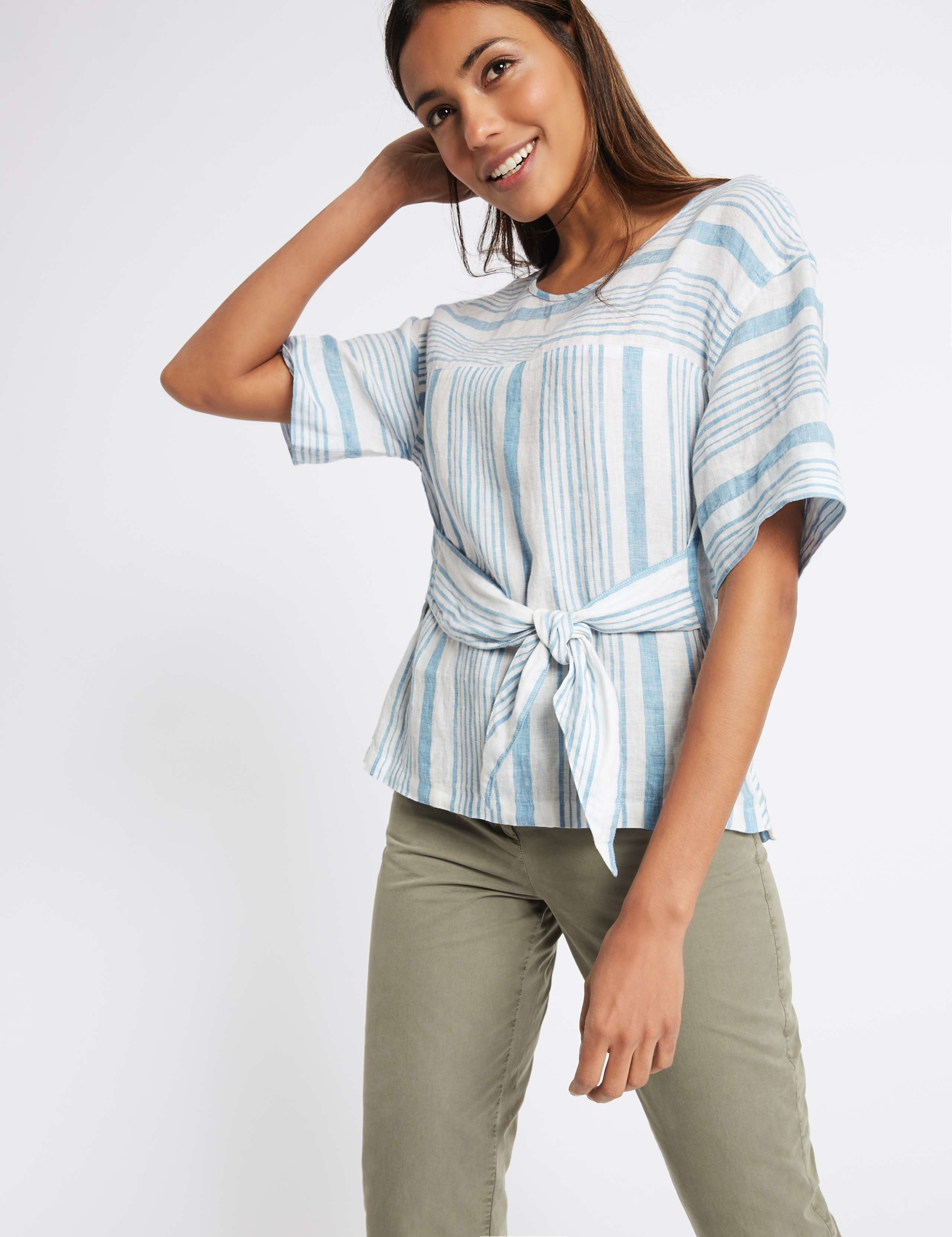 Pure Linen Striped Tie Front Blouse 2 of 4