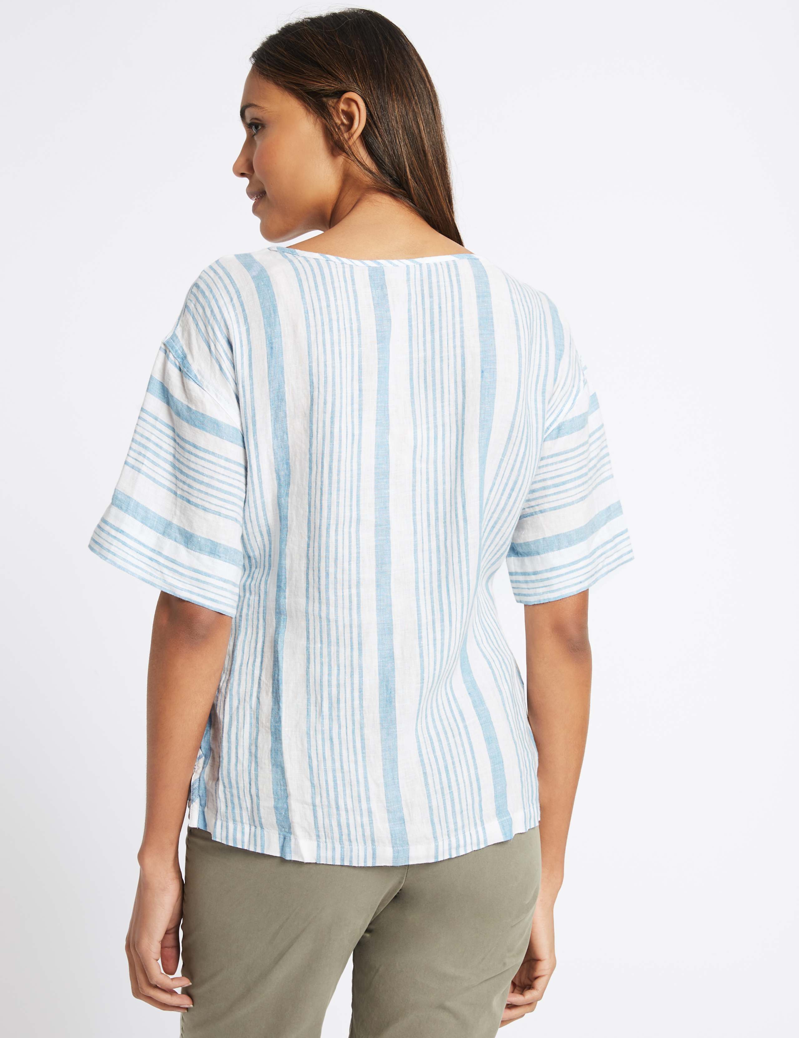 Pure Linen Striped Tie Front Blouse 3 of 4