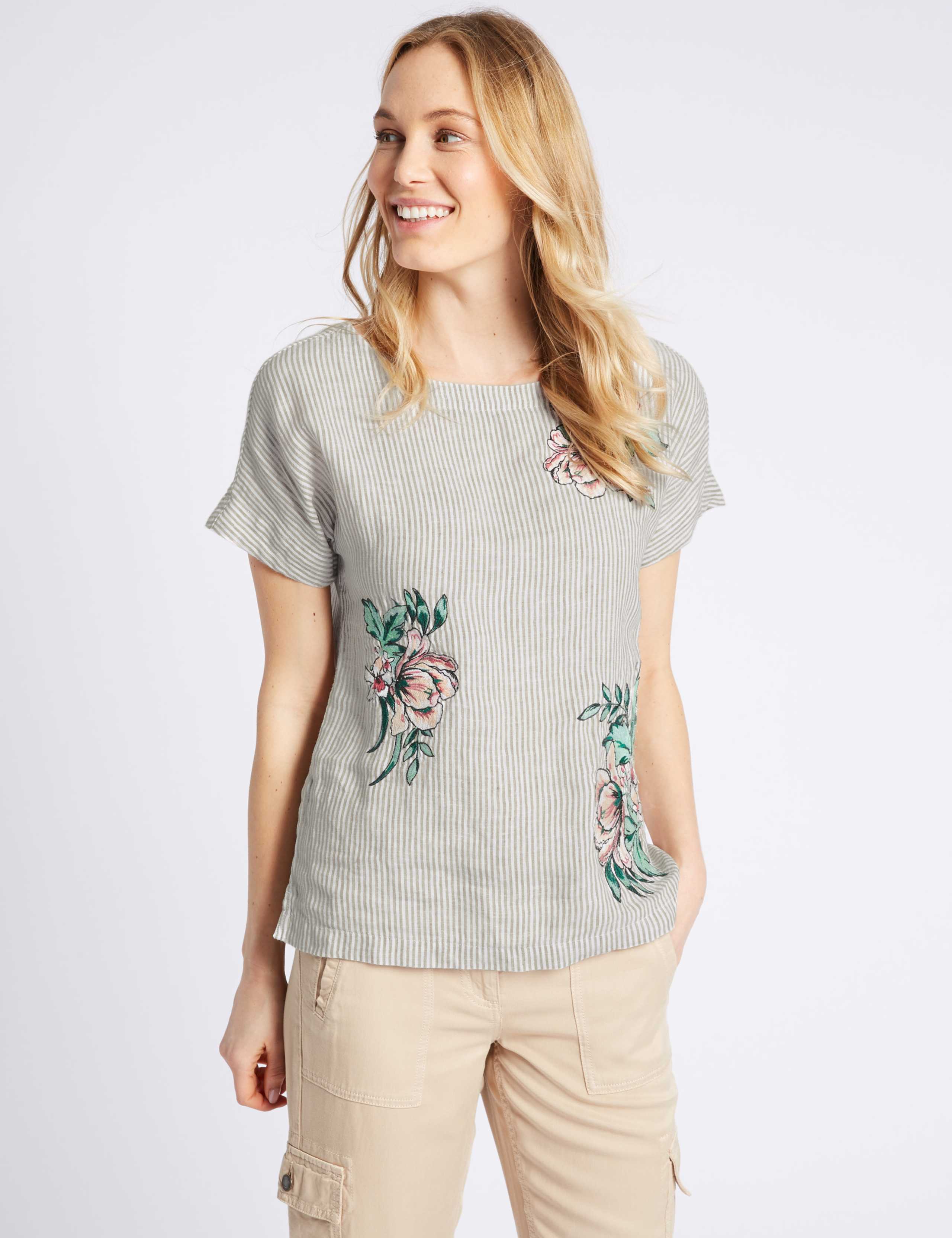 Pure Linen Stripe Embroidered Blouse 1 of 4