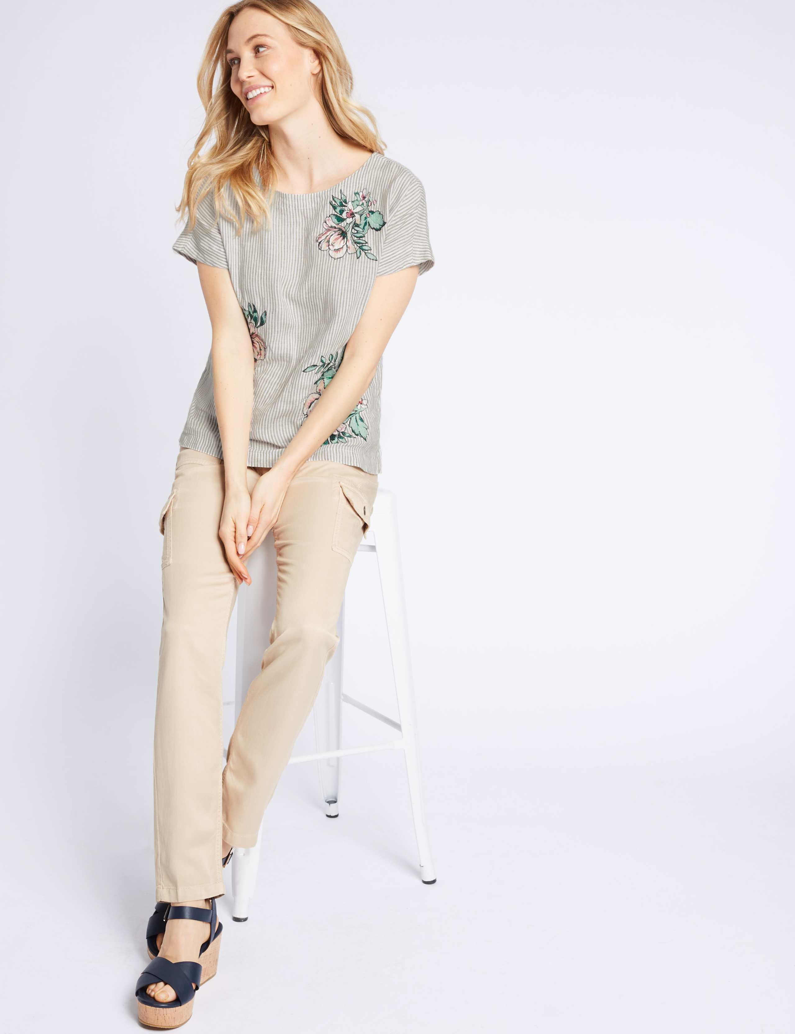 Pure Linen Stripe Embroidered Blouse 2 of 4