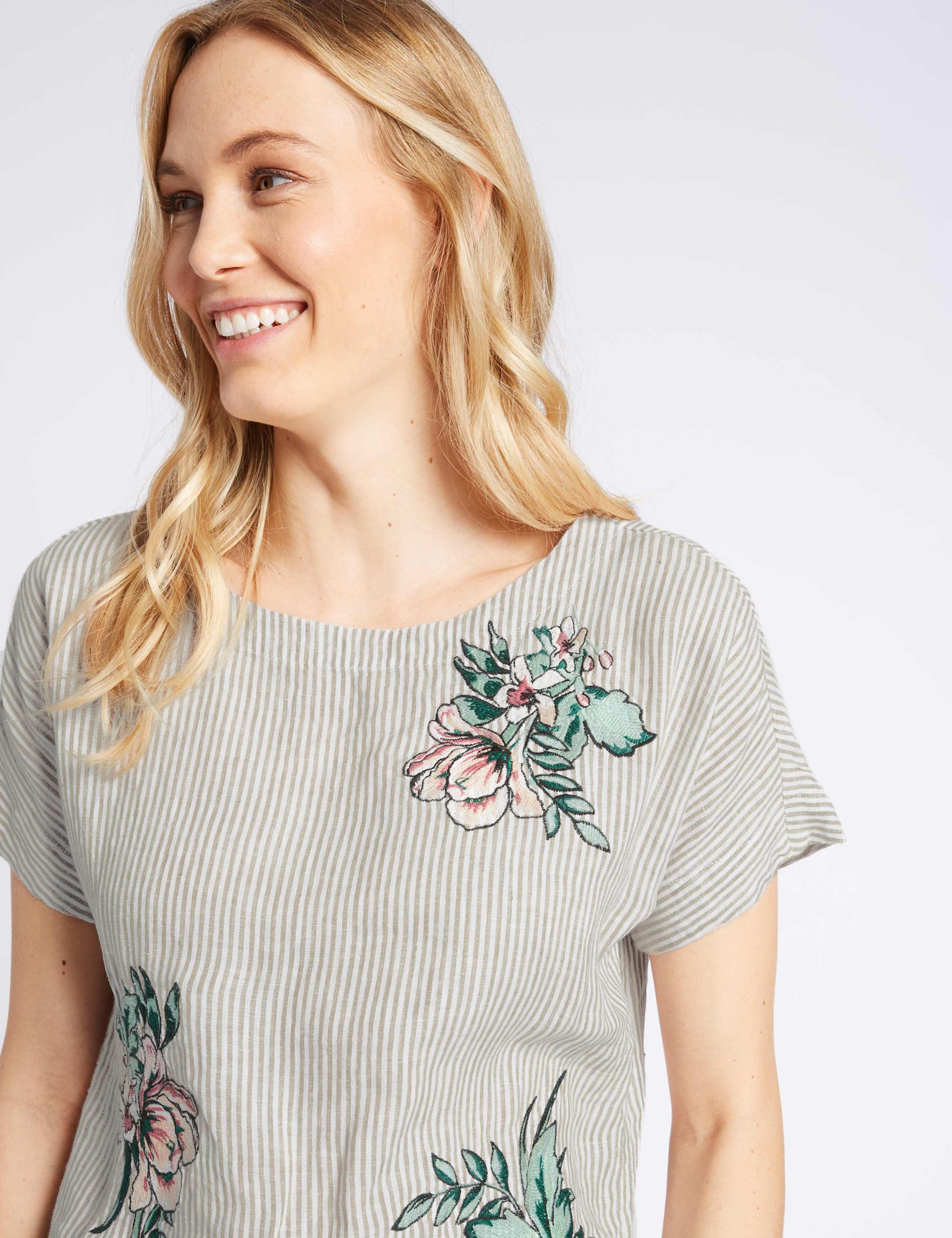 Pure Linen Stripe Embroidered Blouse 4 of 4