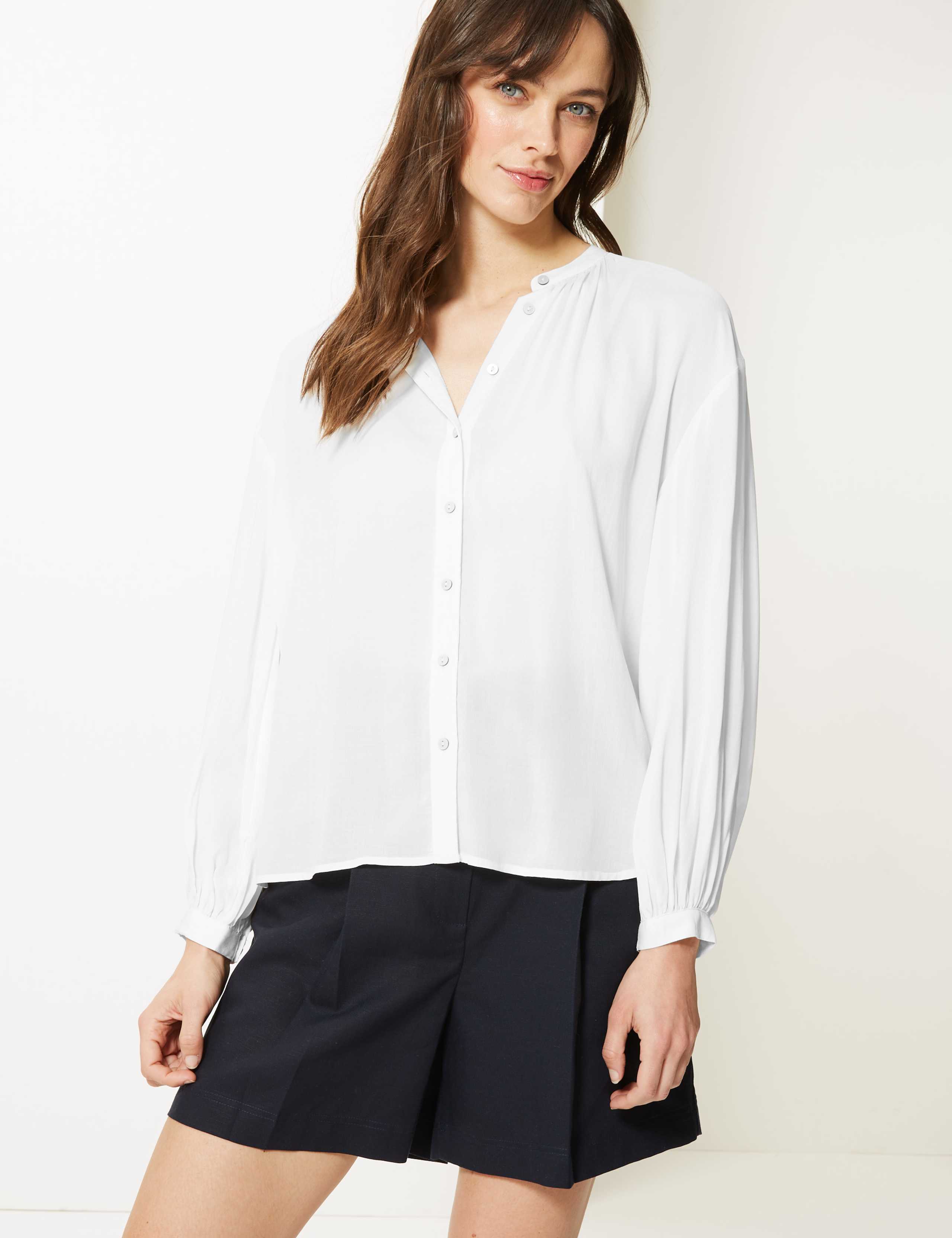 Collarless Blouson Sleeve Blouse 1 of 4