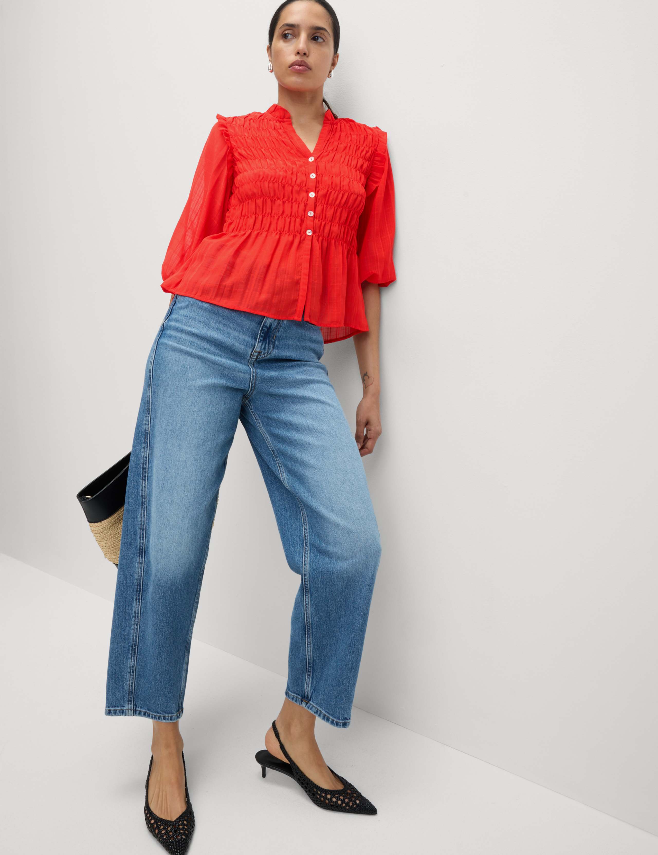 Shirred 3/4 Sleeve Button Through Blouse 6 of 7