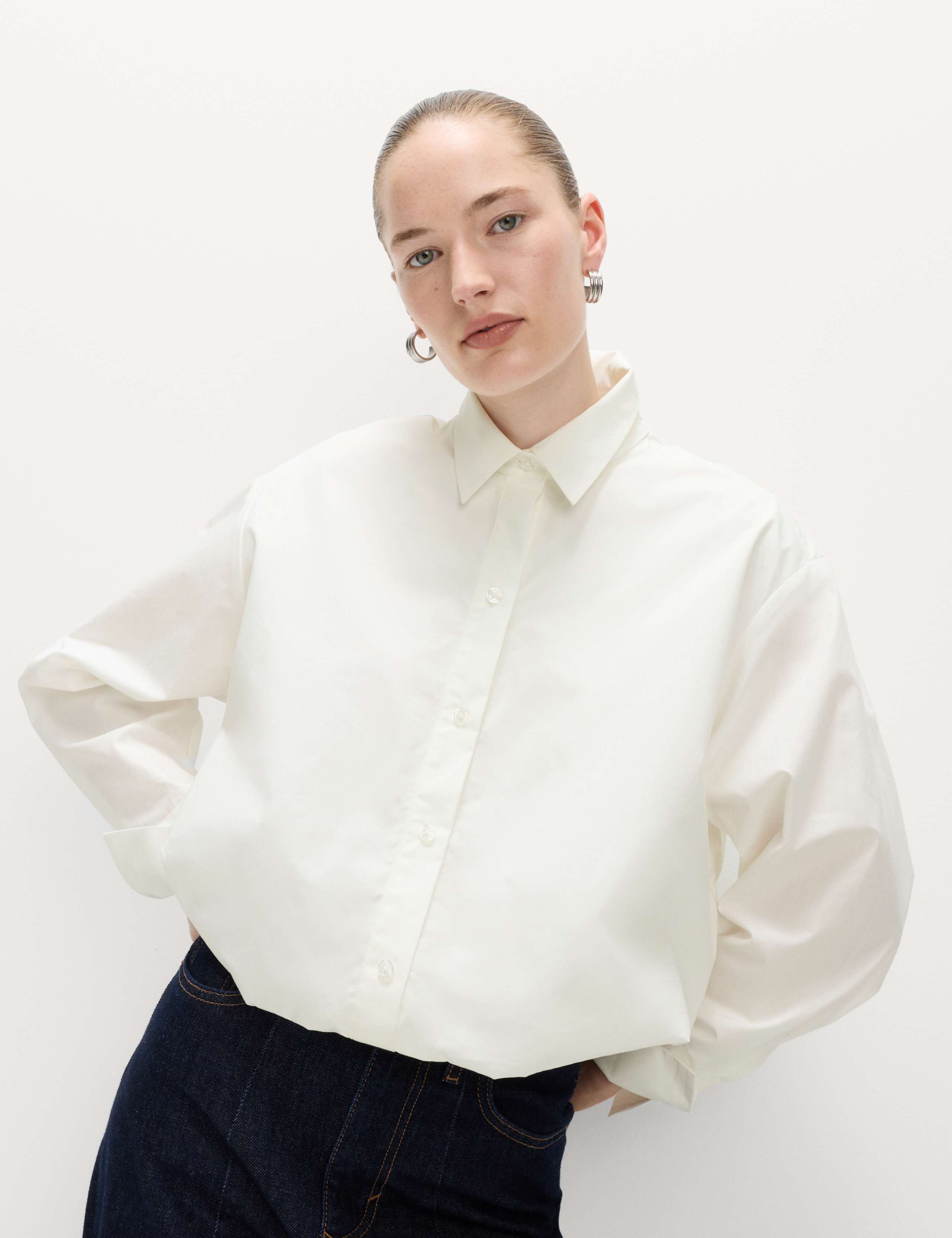 Cotton Cropped Bubble Hem Collared Shirt 5 of 6