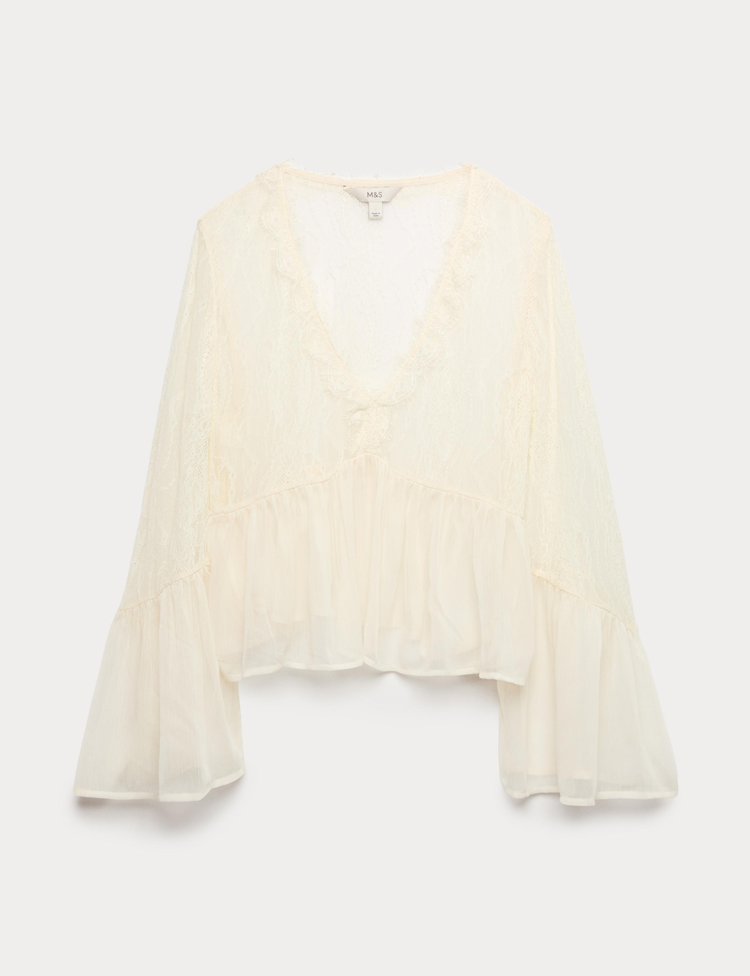 V-Neck Lace Flute Sleeve Top 2 of 5