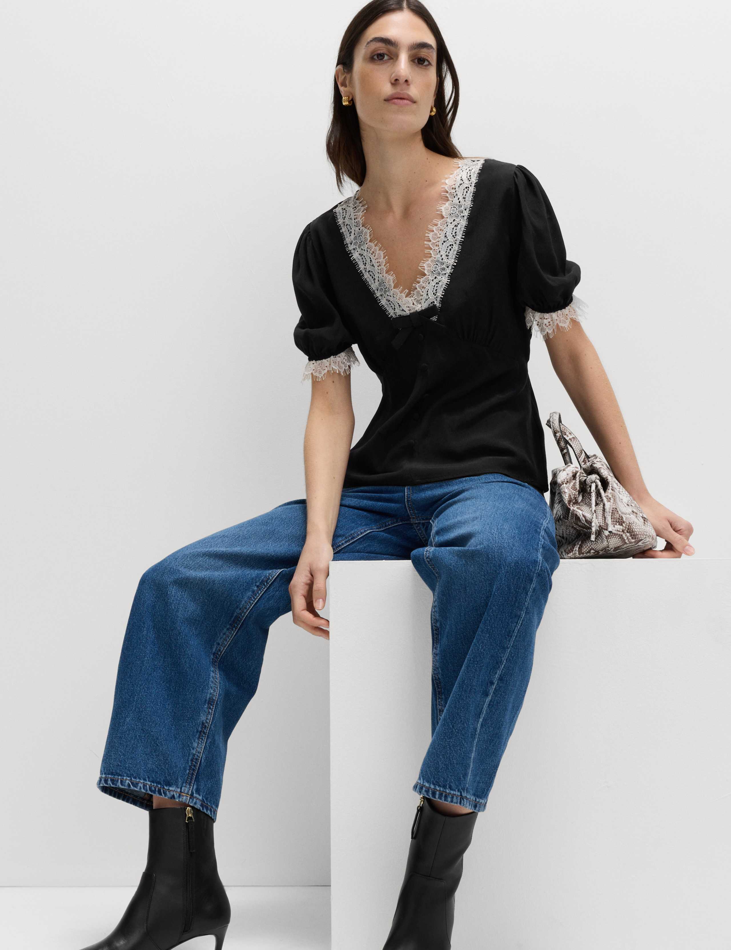 V-Neck Lace Insert Bow Detail Top 3 of 6