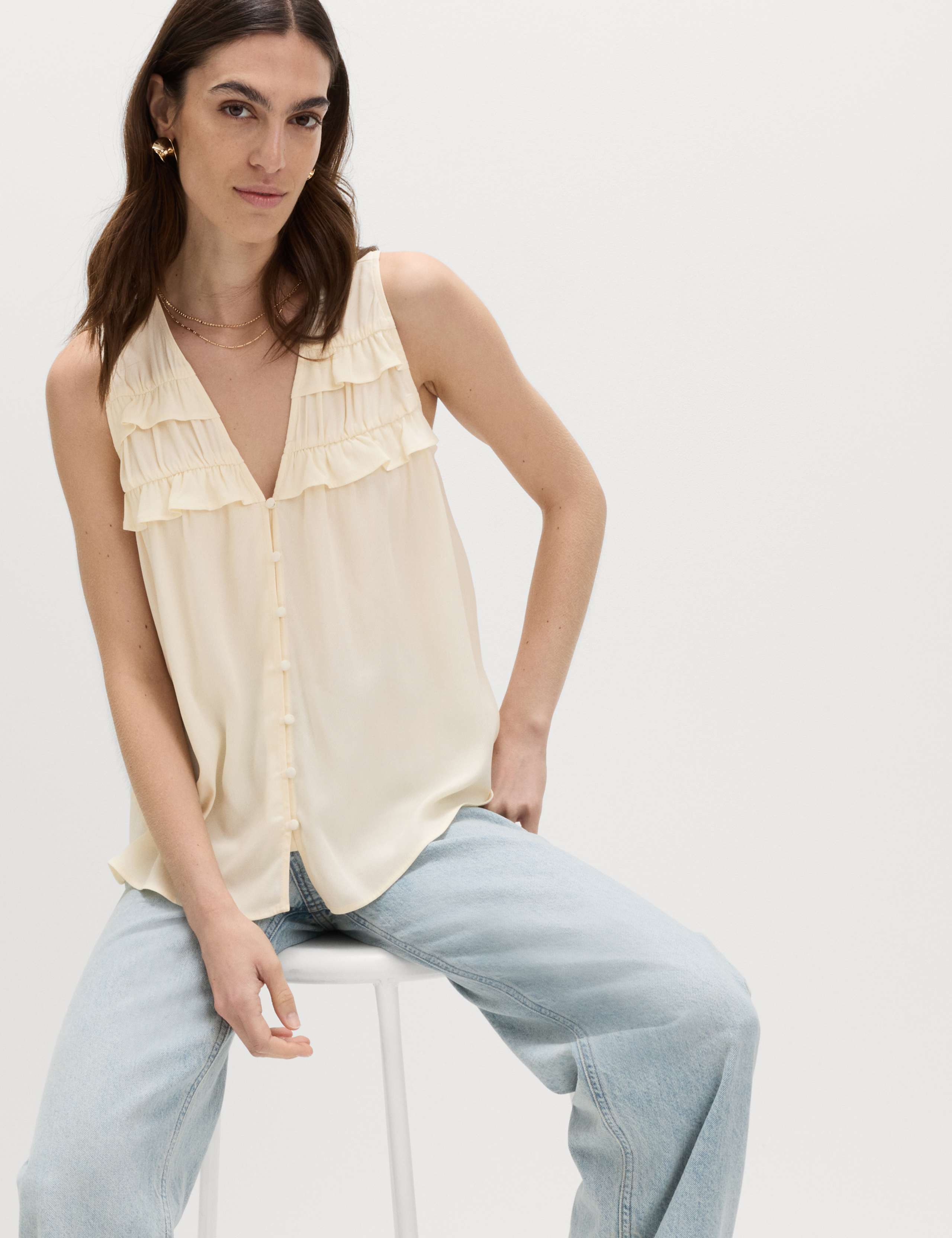 Lyocell Rich V-Neck Frill Detail Top 1 of 5