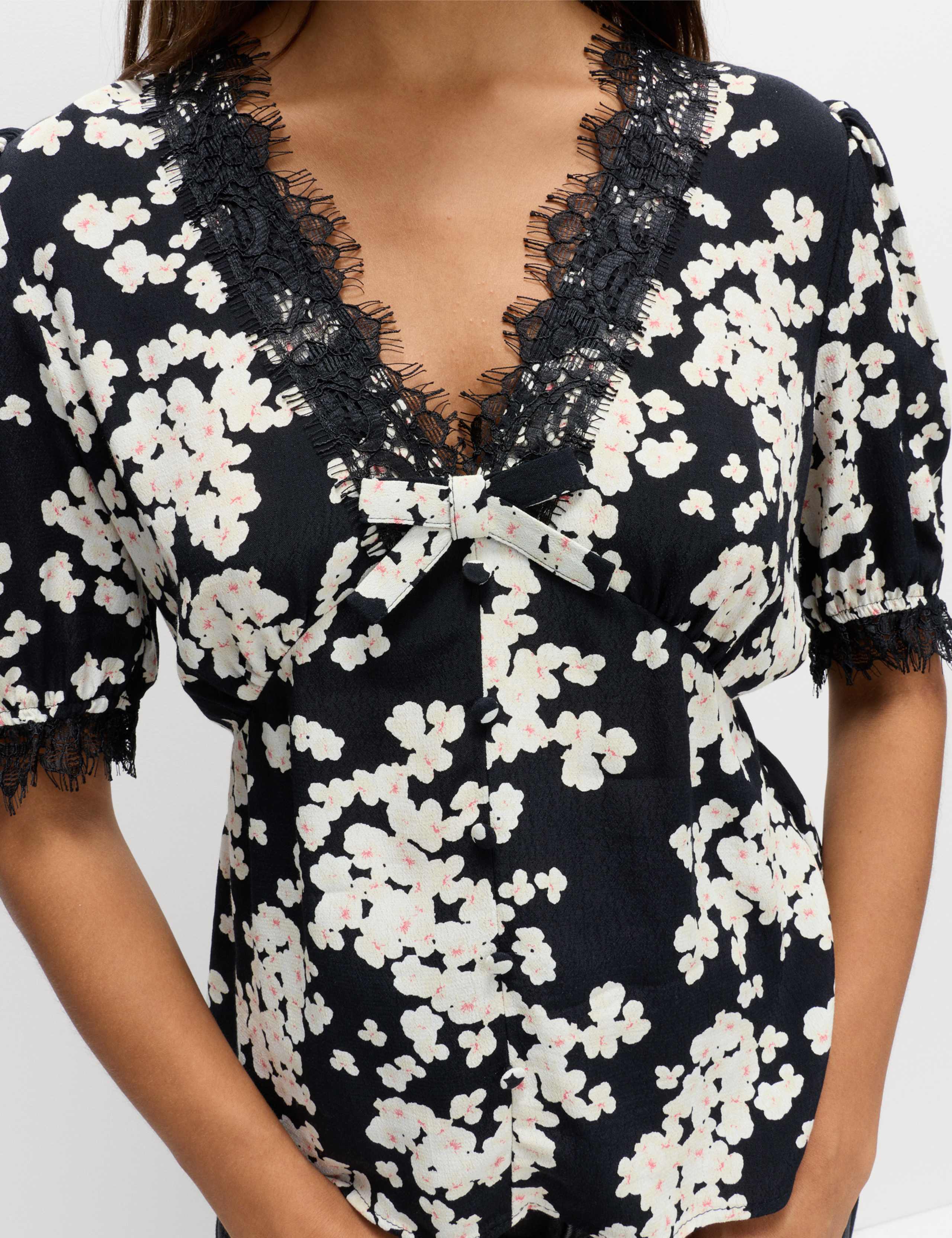 Floral V Neck Bow Lace Detail Top 3 of 5