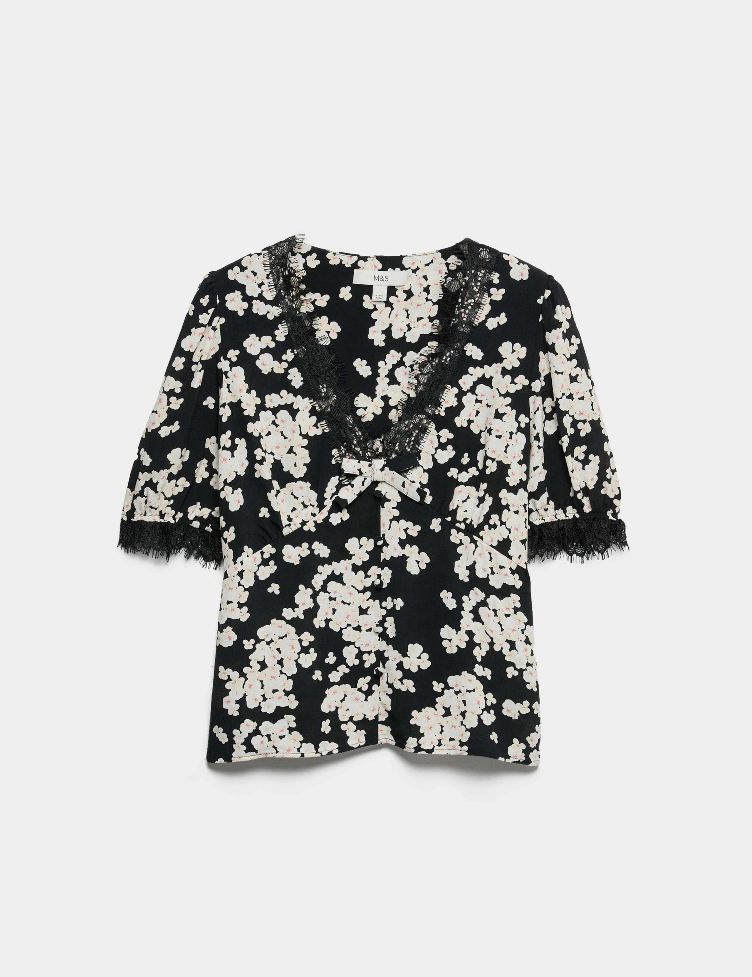 Floral V Neck Bow Lace Detail Top 2 of 5