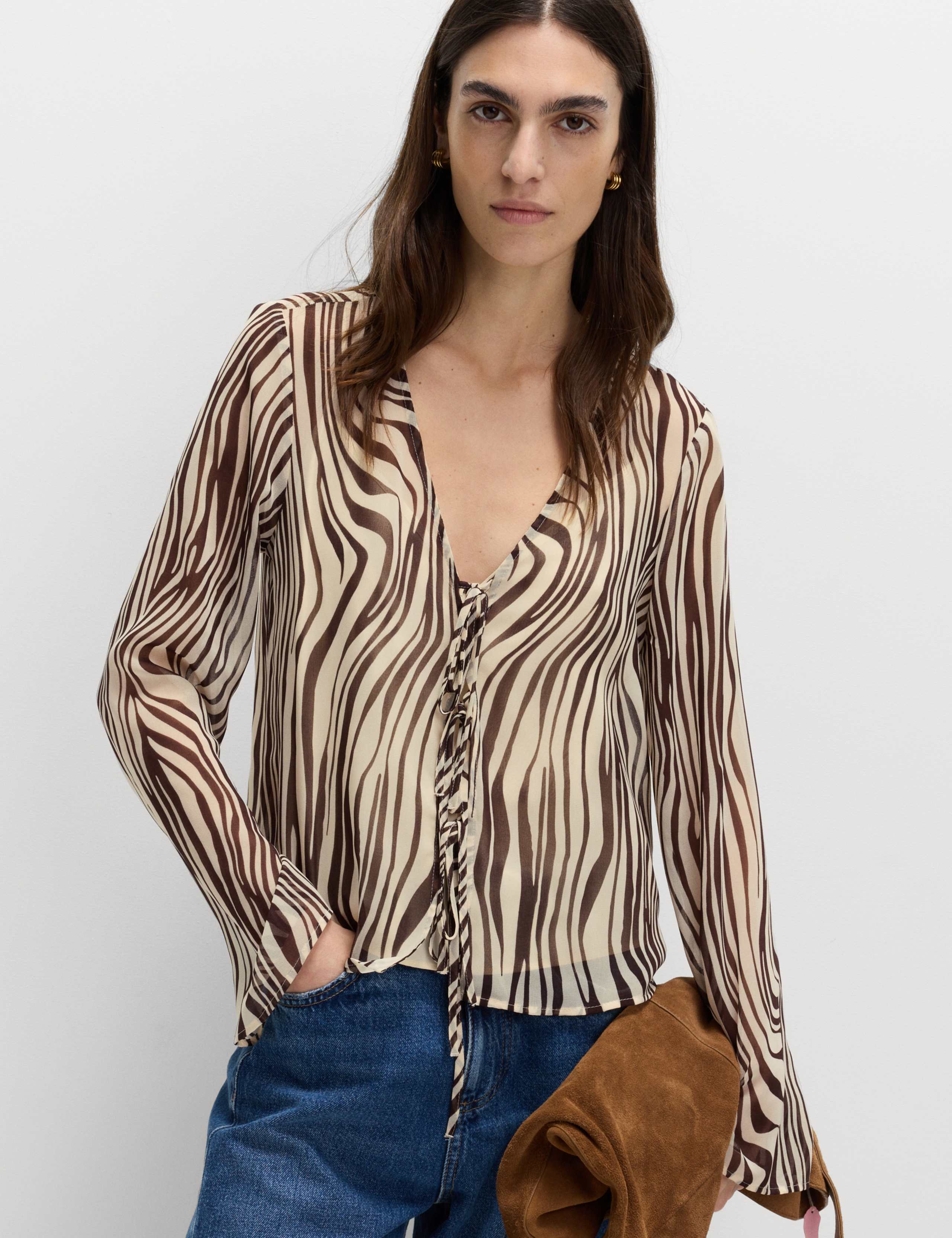 Zebra Print Tie Front Flute Sleeve Blouse 1 of 5
