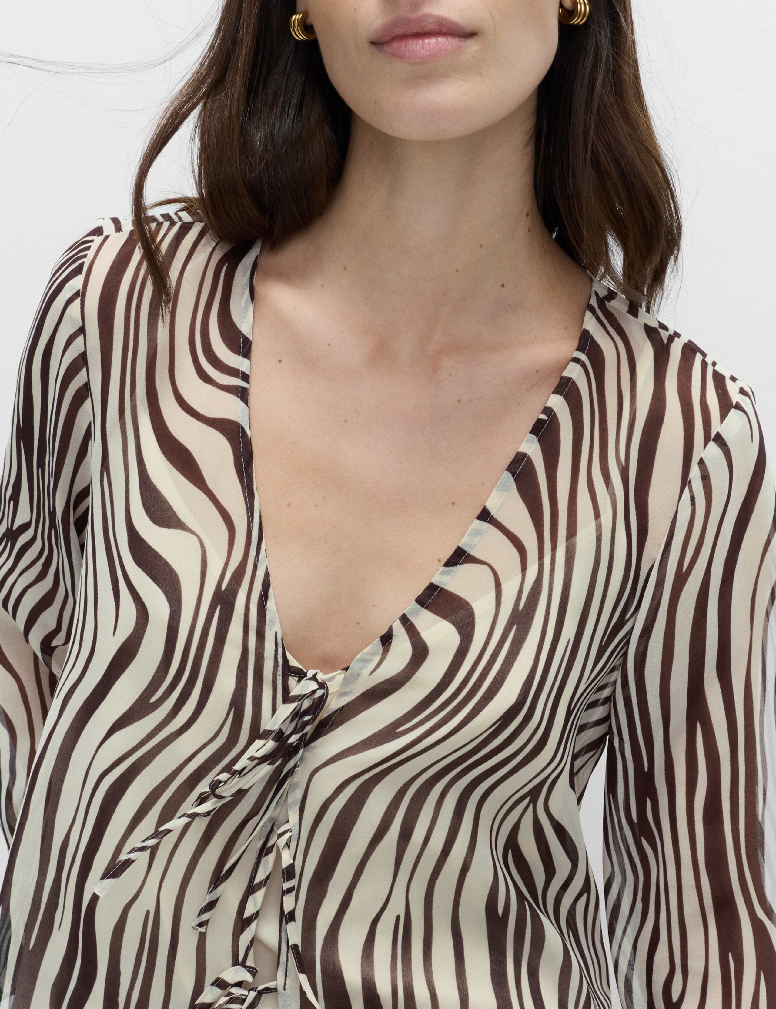 Zebra Print Tie Front Flute Sleeve Blouse 5 of 5