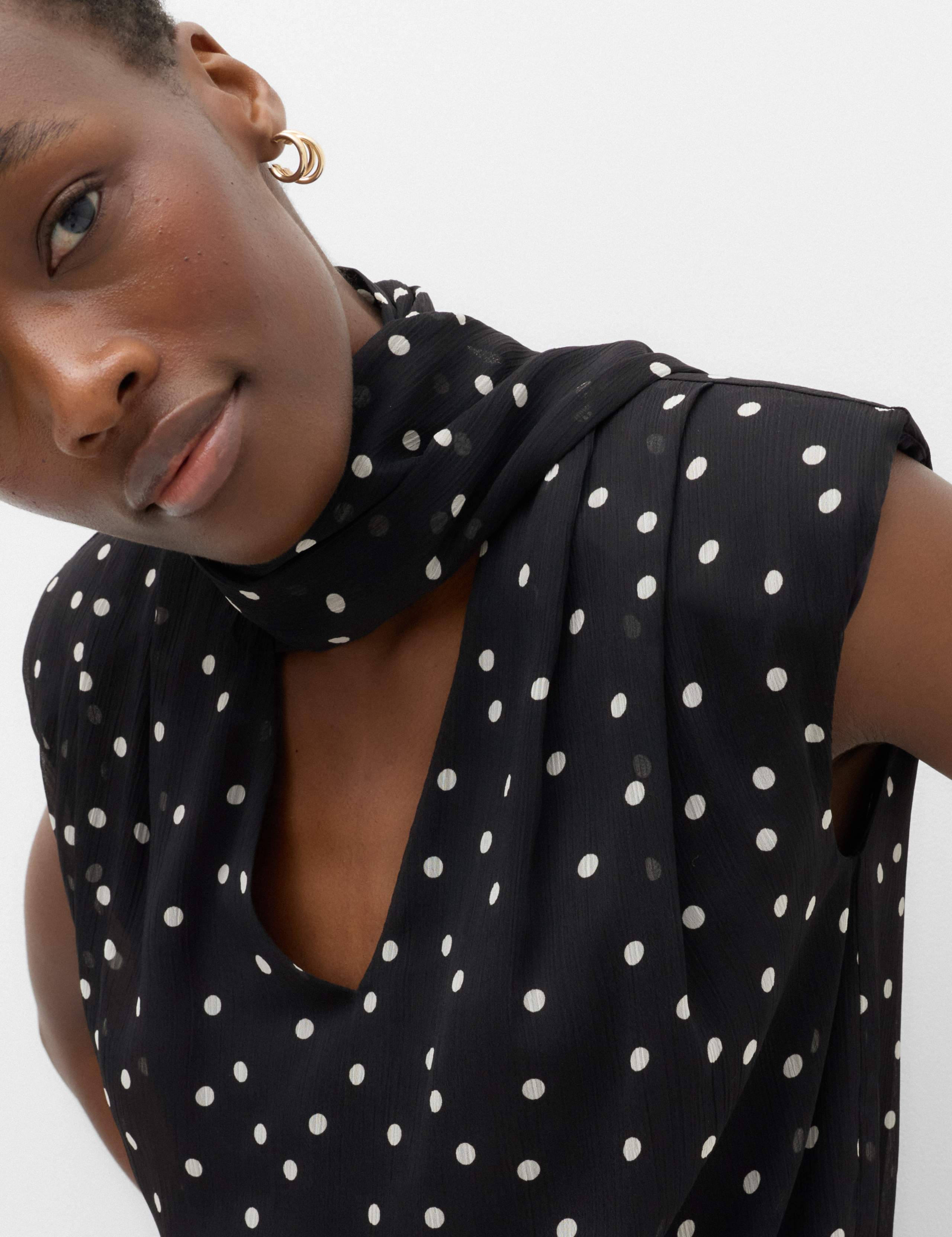 Polka Dot V-Neck Scarf Detail Top 3 of 5