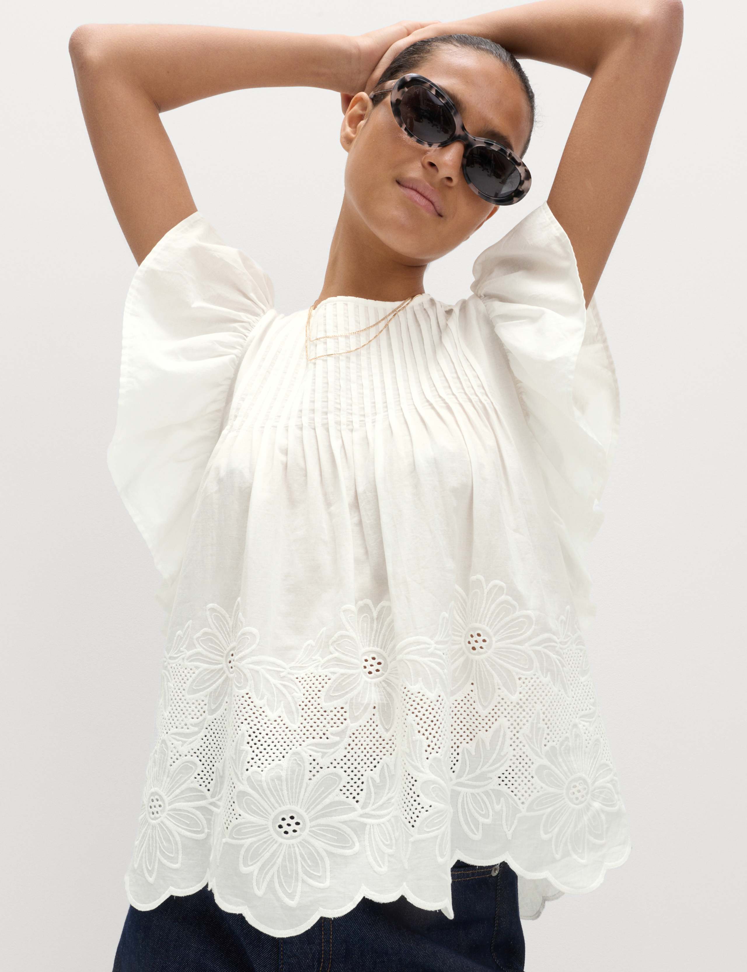 Pure Cotton Pintuck Embroidered Top 1 of 7