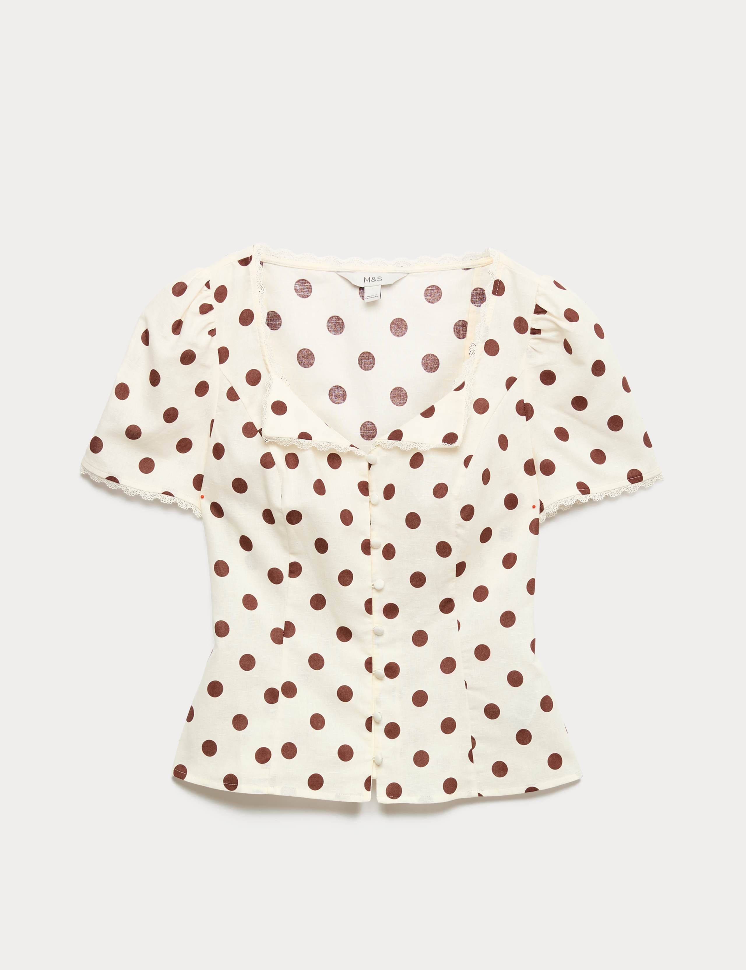 Polka Dot Lace Detail Button Through Top 2 of 5