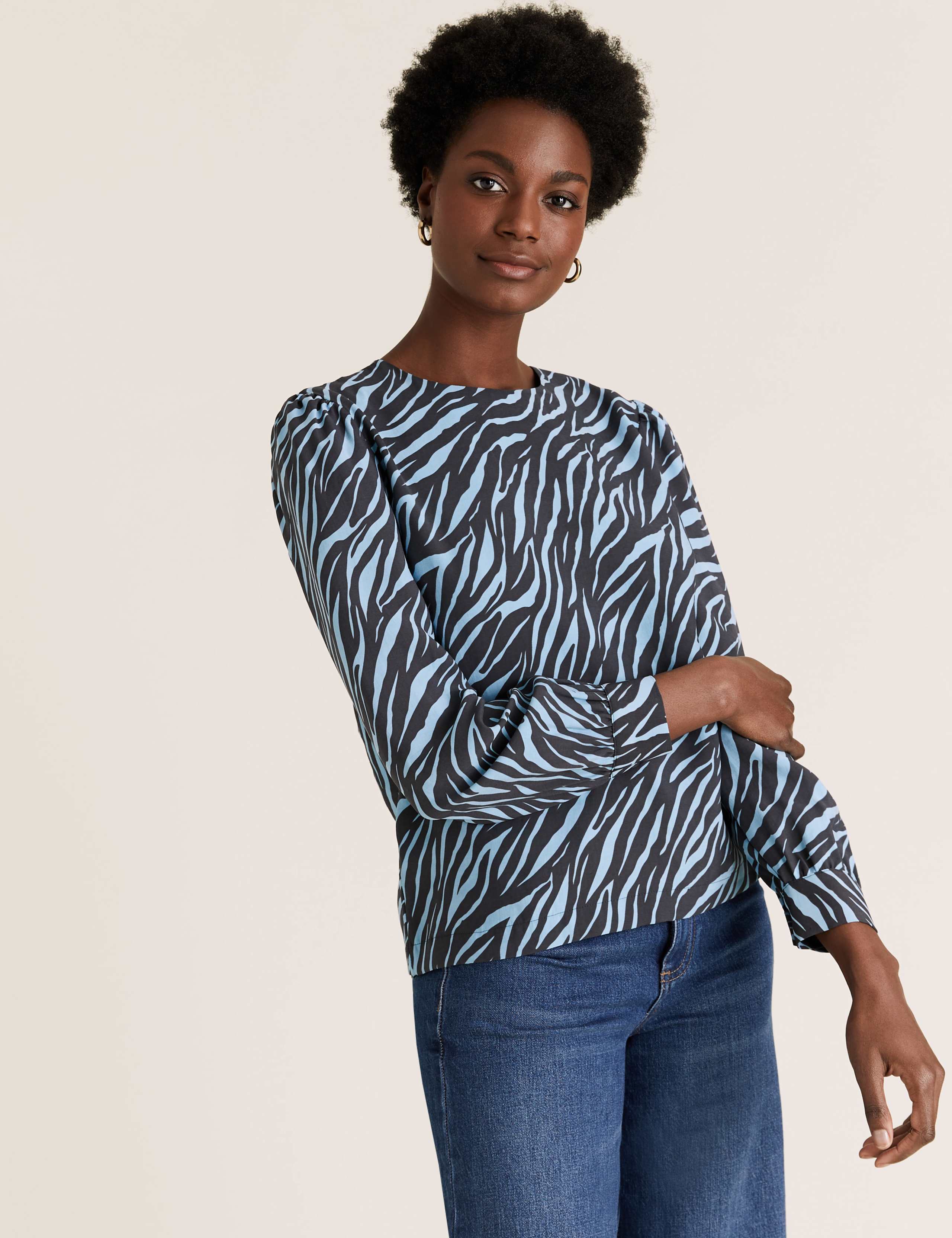 Zebra Print Round Neck Long Sleeve Blouse 1 of 5