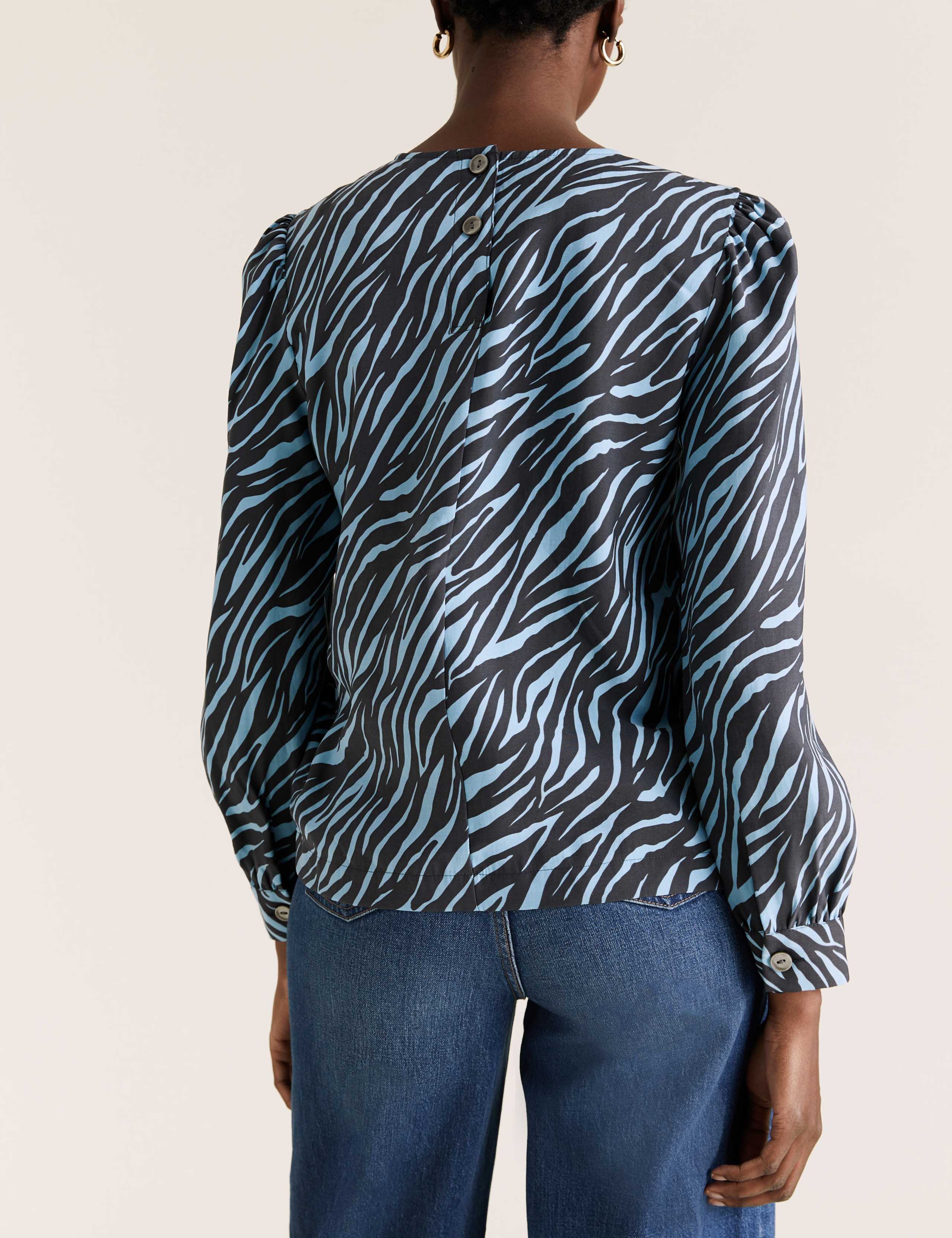 Zebra Print Round Neck Long Sleeve Blouse 4 of 5