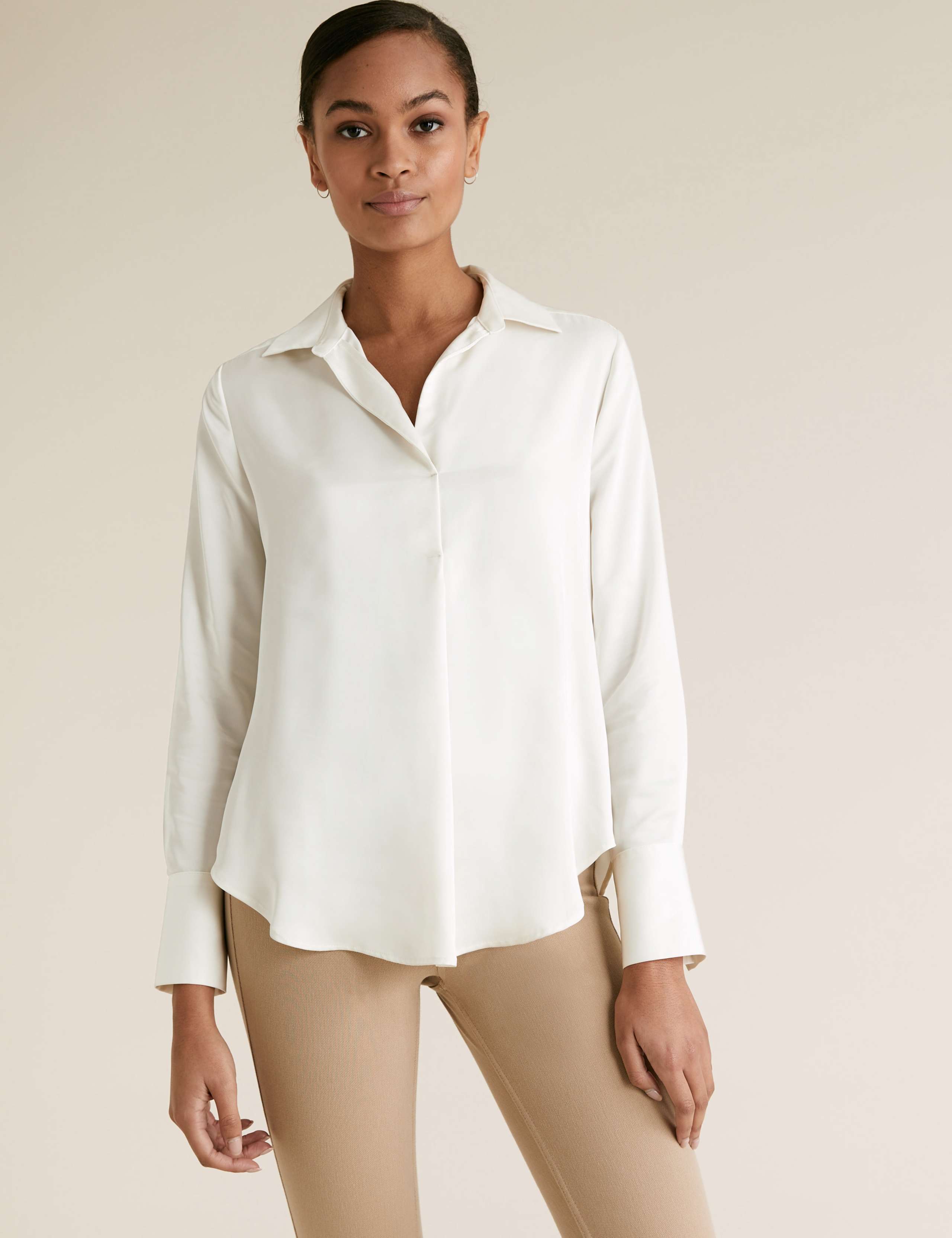 Satin Collared V-Neck Long Sleeve Blouse 1 of 4