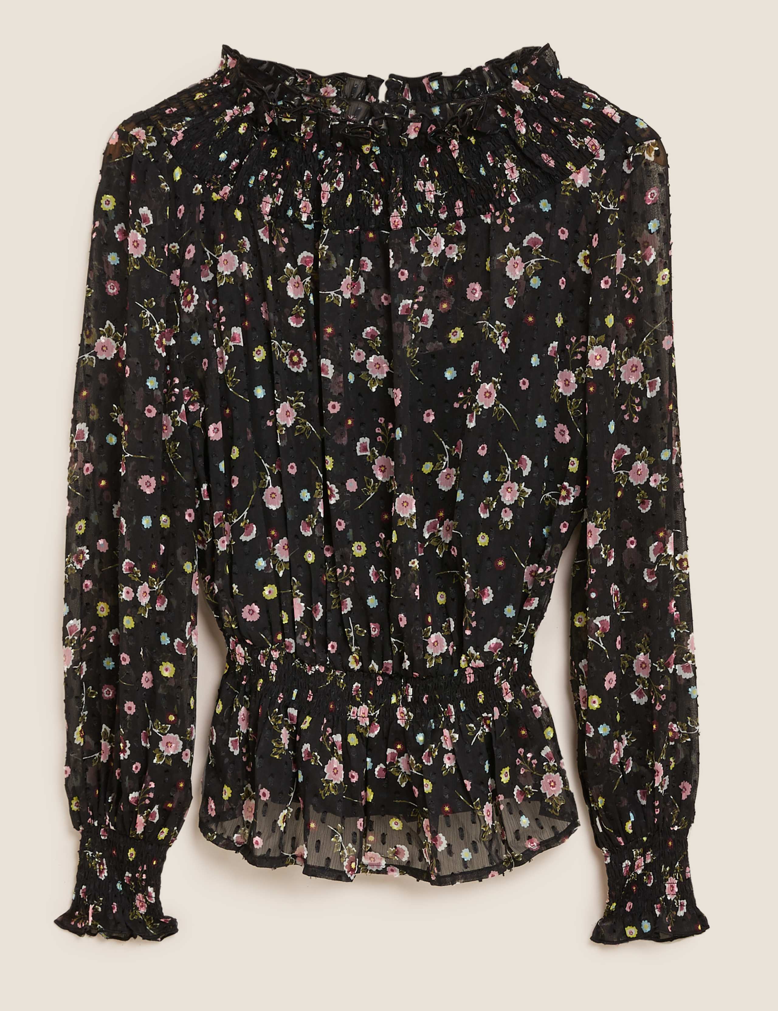 Textured Floral Smocked Neck Peplum Top 2 of 5