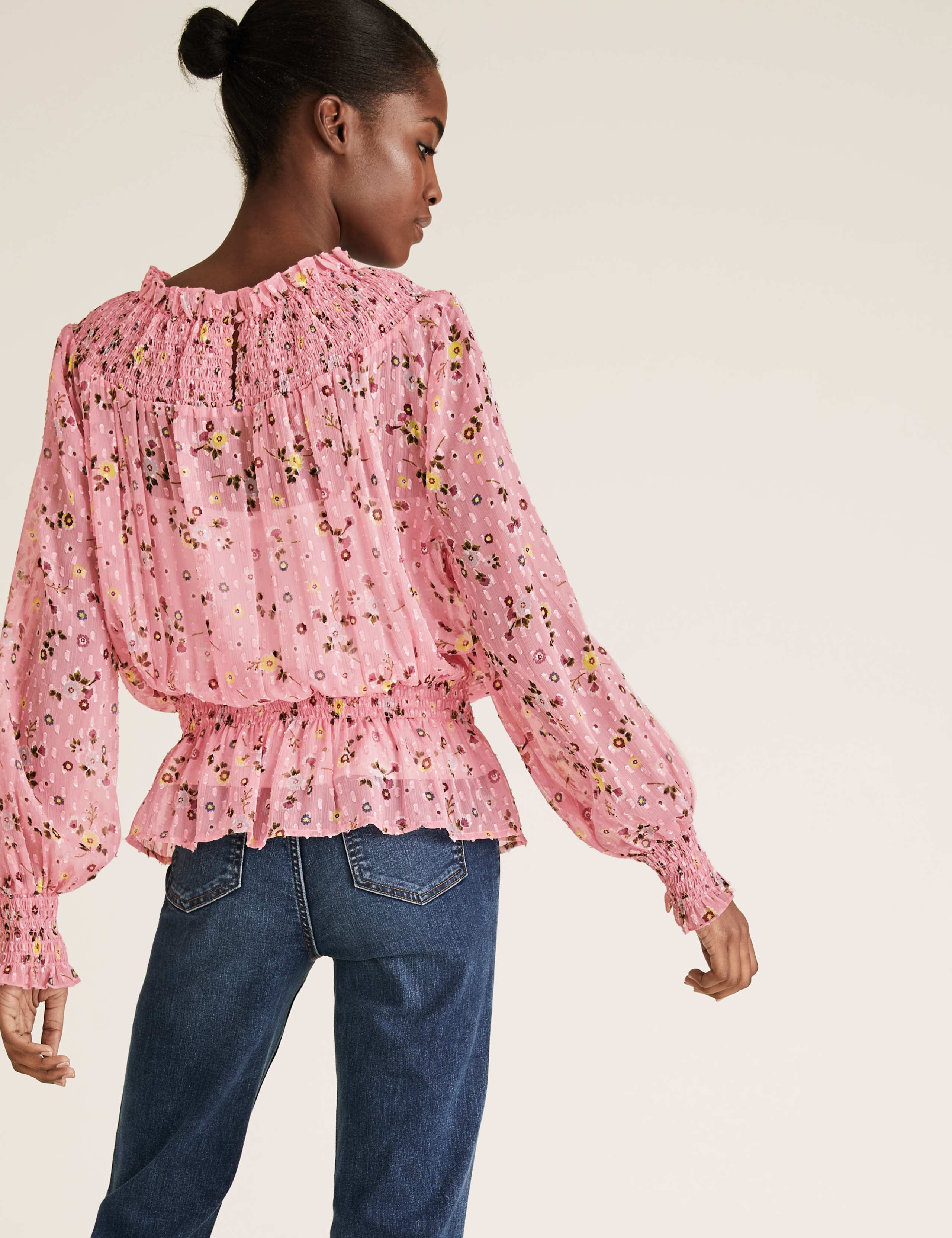 Floral Textured Smocked Neck Peplum Top 4 of 4