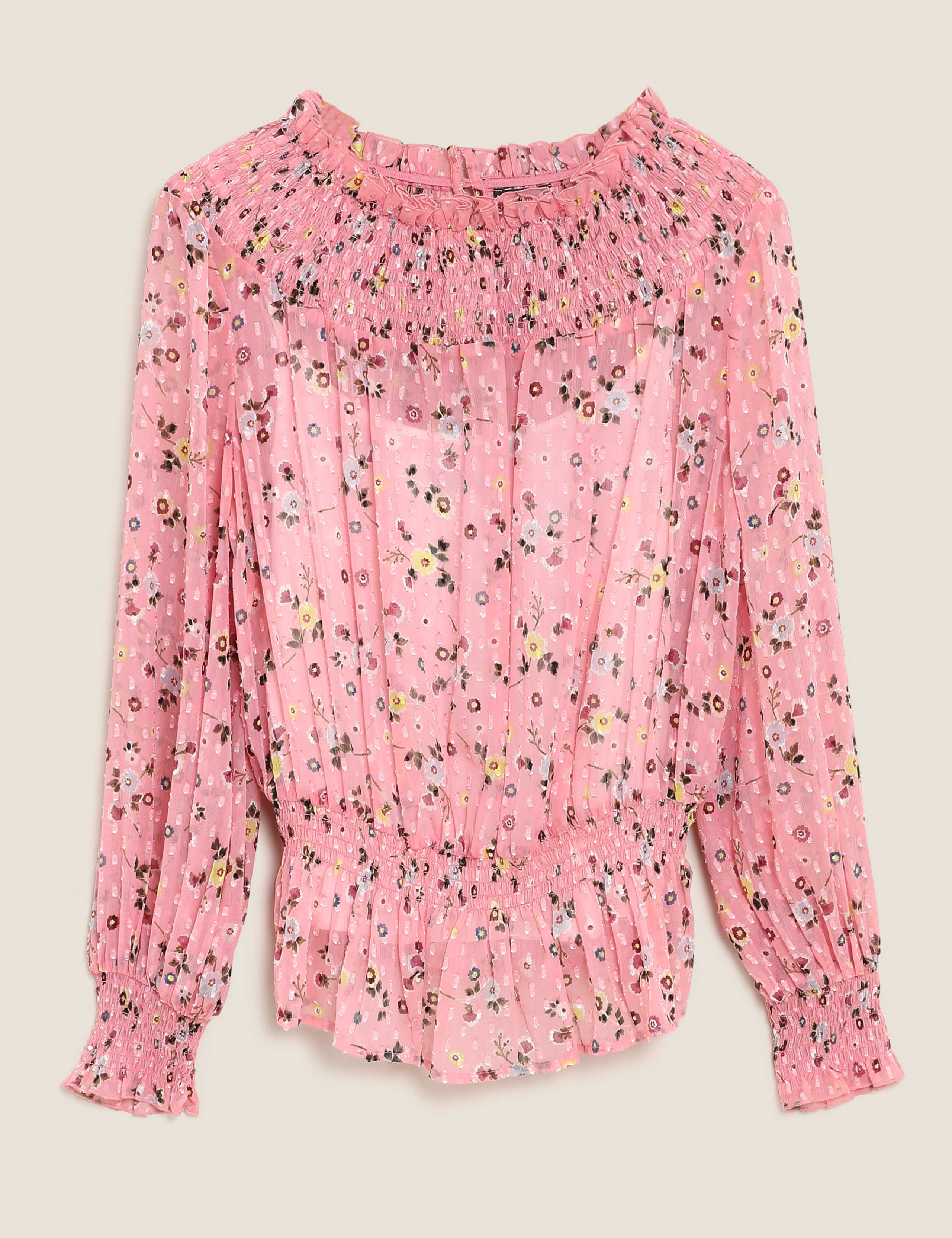 Floral Textured Smocked Neck Peplum Top 2 of 4