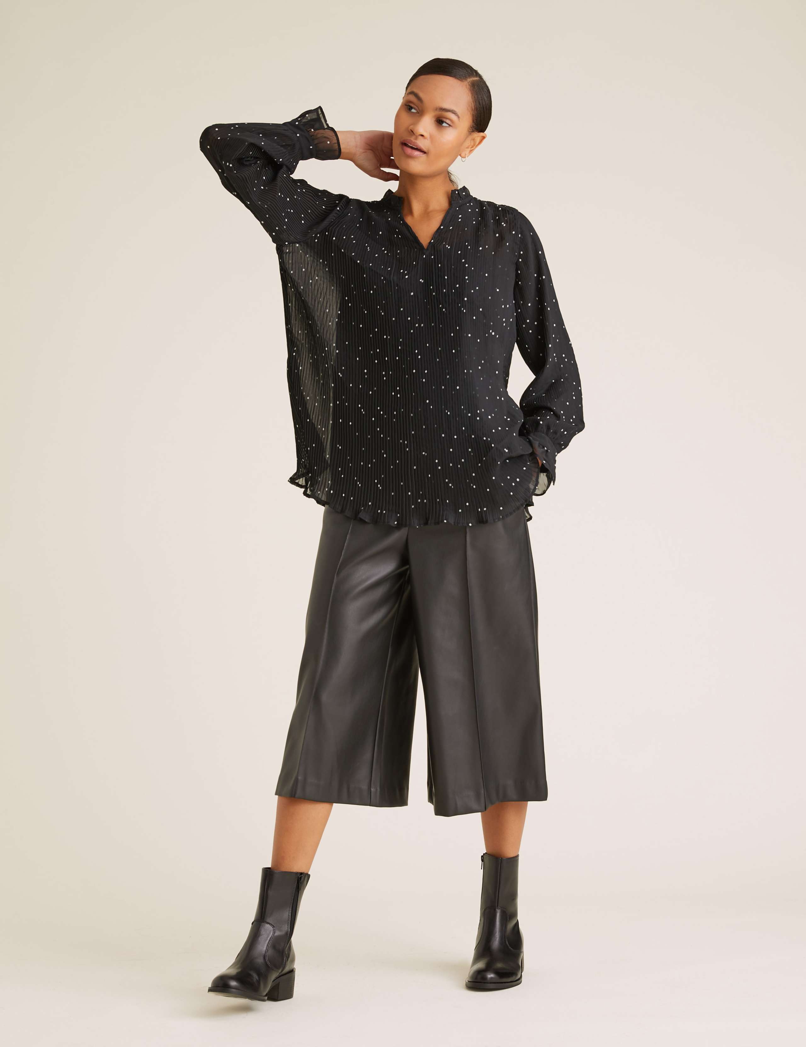 Polka Dot Plisse V-Neck Long Sleeve Blouse 1 of 5