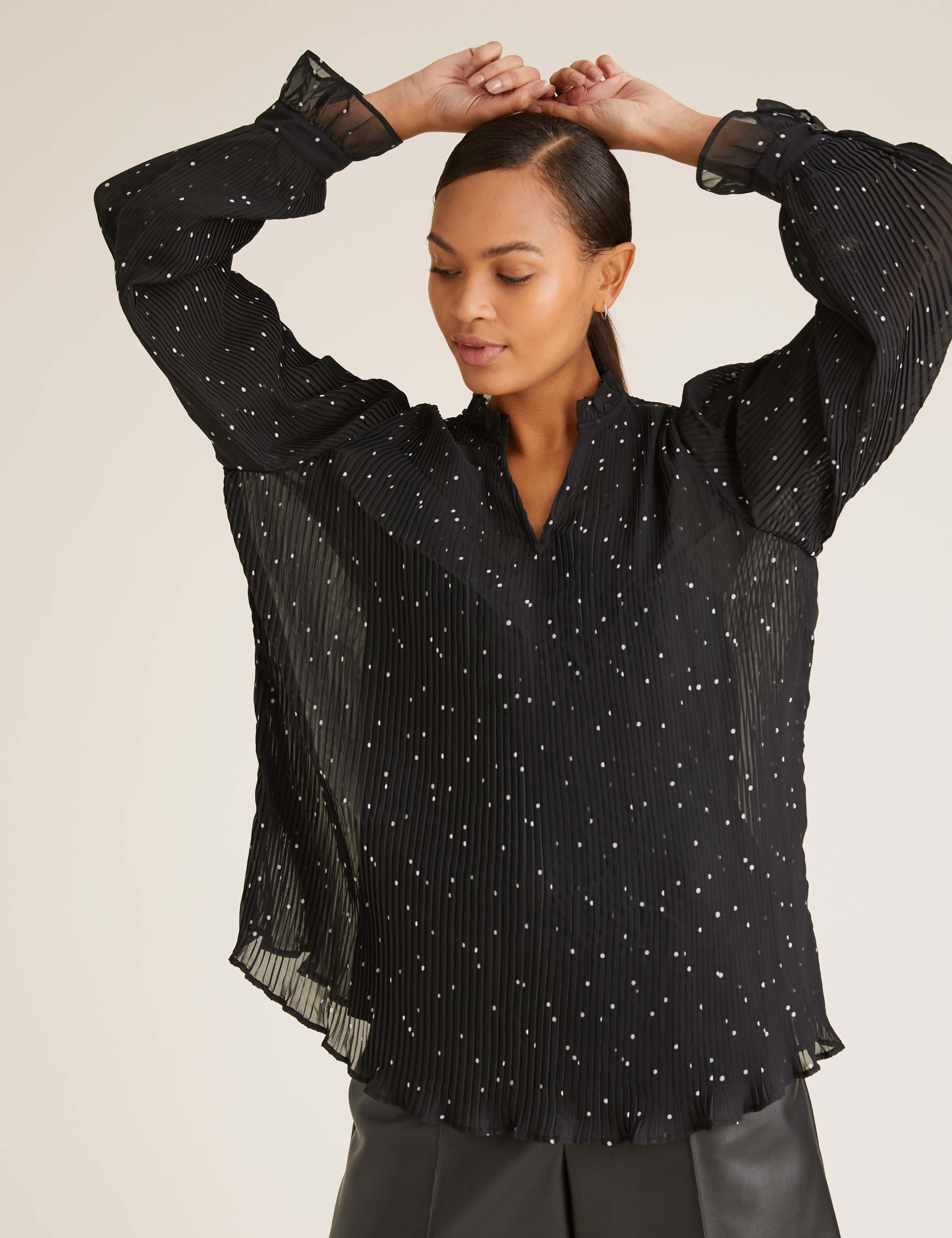 Polka Dot Plisse V-Neck Long Sleeve Blouse 3 of 5