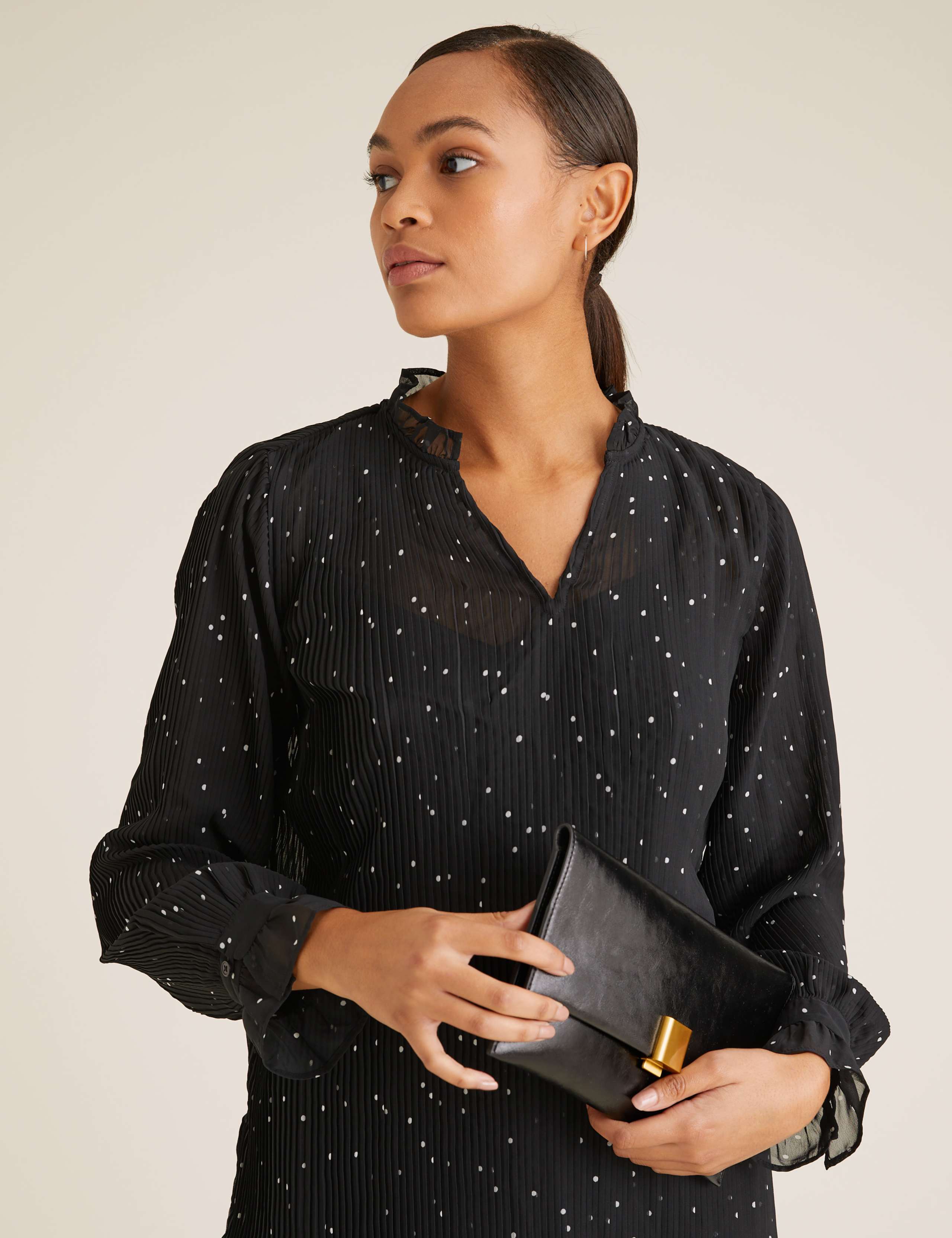 Polka Dot Plisse V-Neck Long Sleeve Blouse 4 of 5