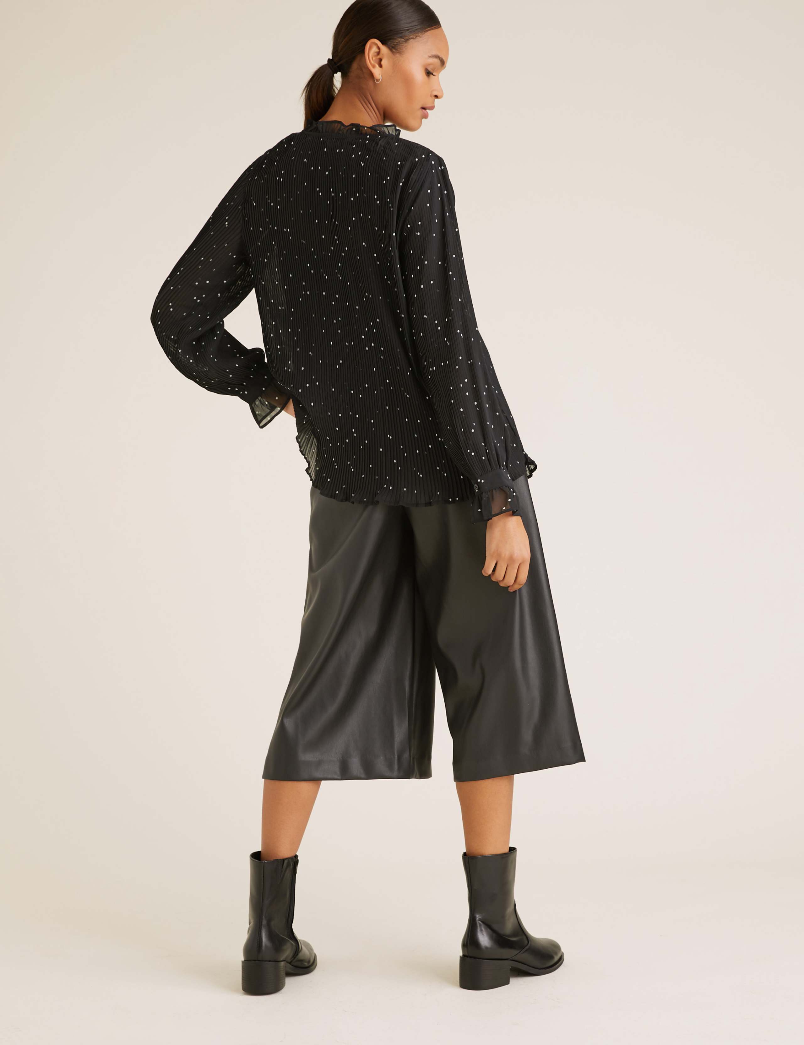 Polka Dot Plisse V-Neck Long Sleeve Blouse 5 of 5