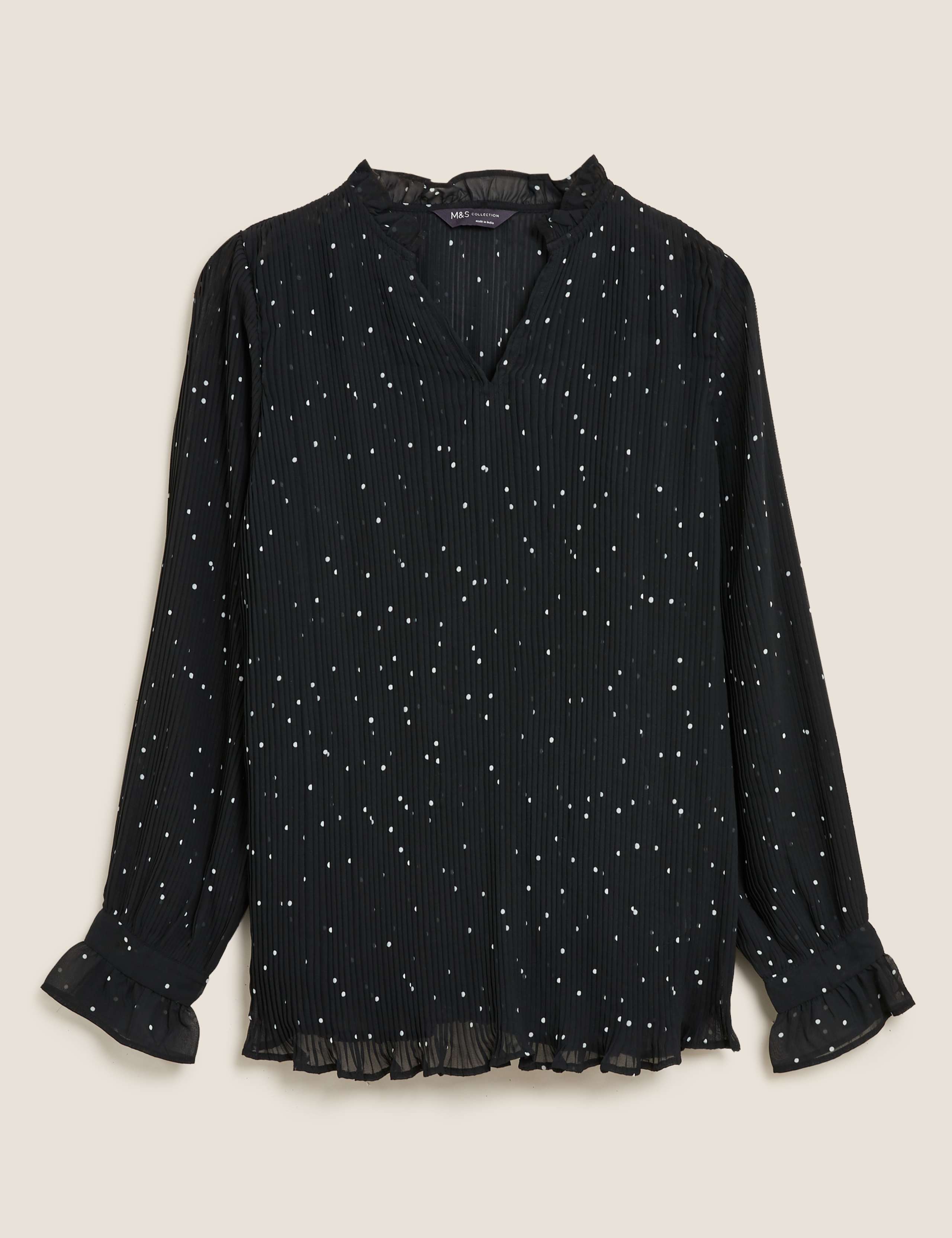 Polka Dot Plisse V-Neck Long Sleeve Blouse 2 of 5