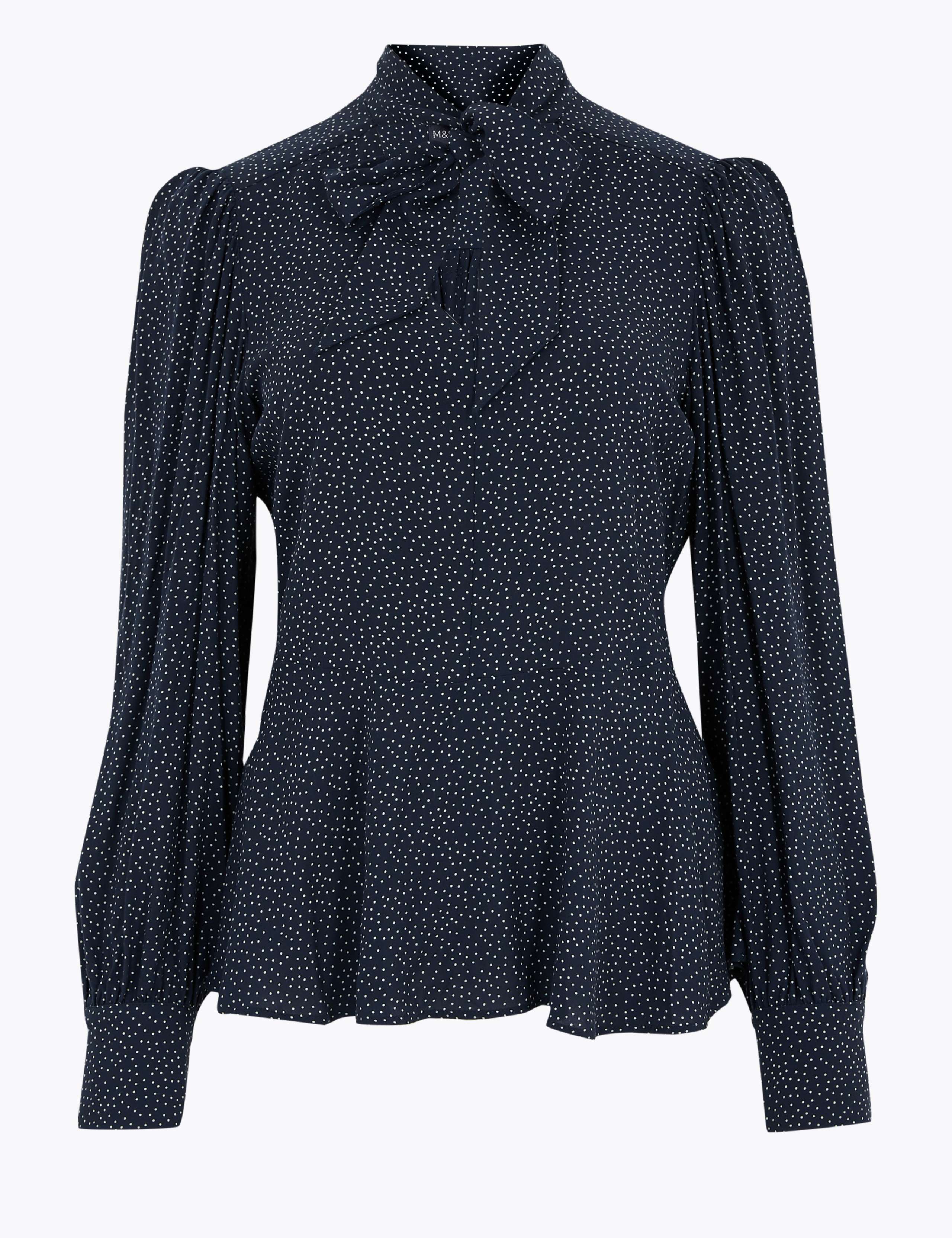 Polka Dot V-Neck Long Sleeve Peplum Blouse 1 of 1