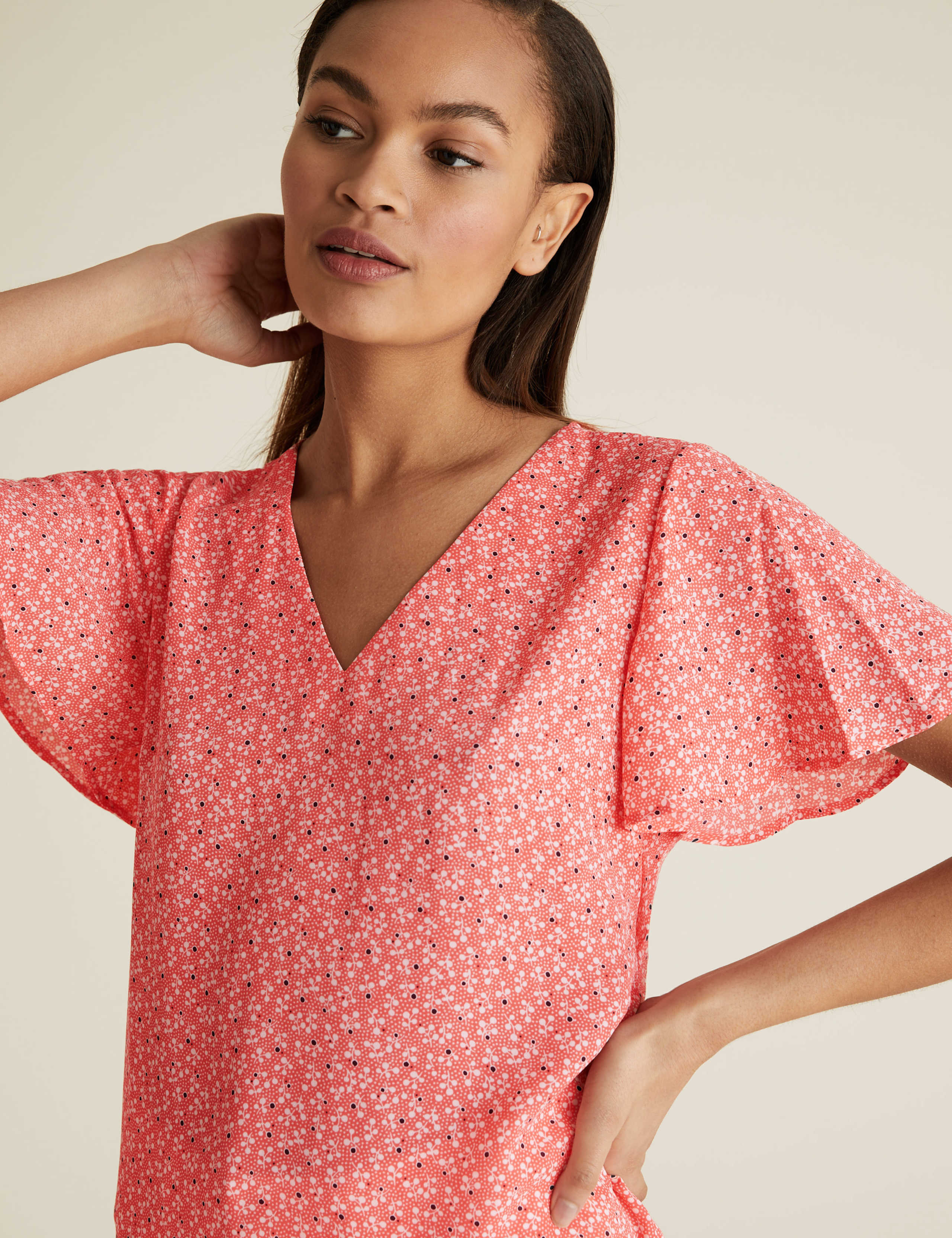 Ditsy Floral V-Neck Flutter Sleeve Top 1 of 4