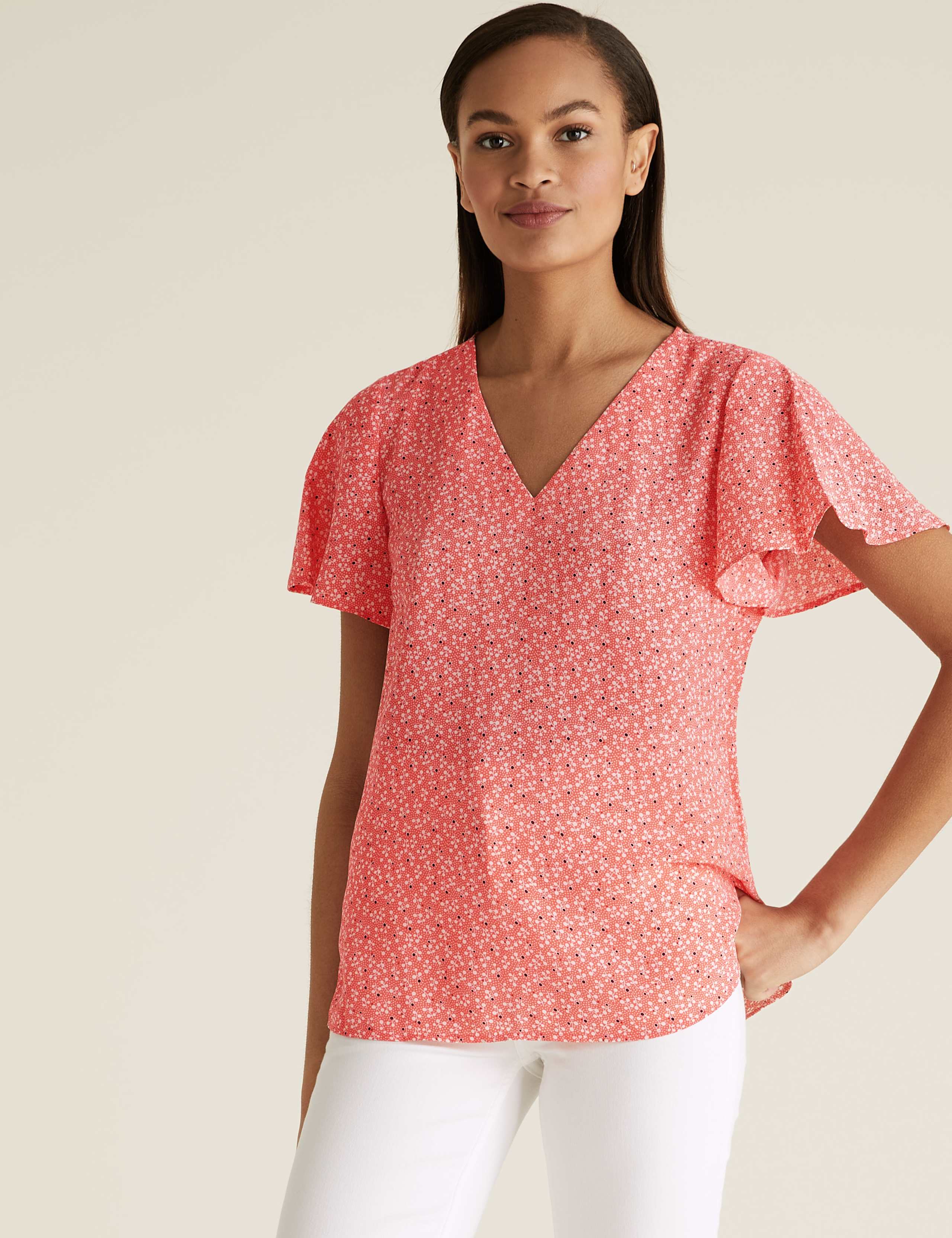 Ditsy Floral V-Neck Flutter Sleeve Top 3 of 4