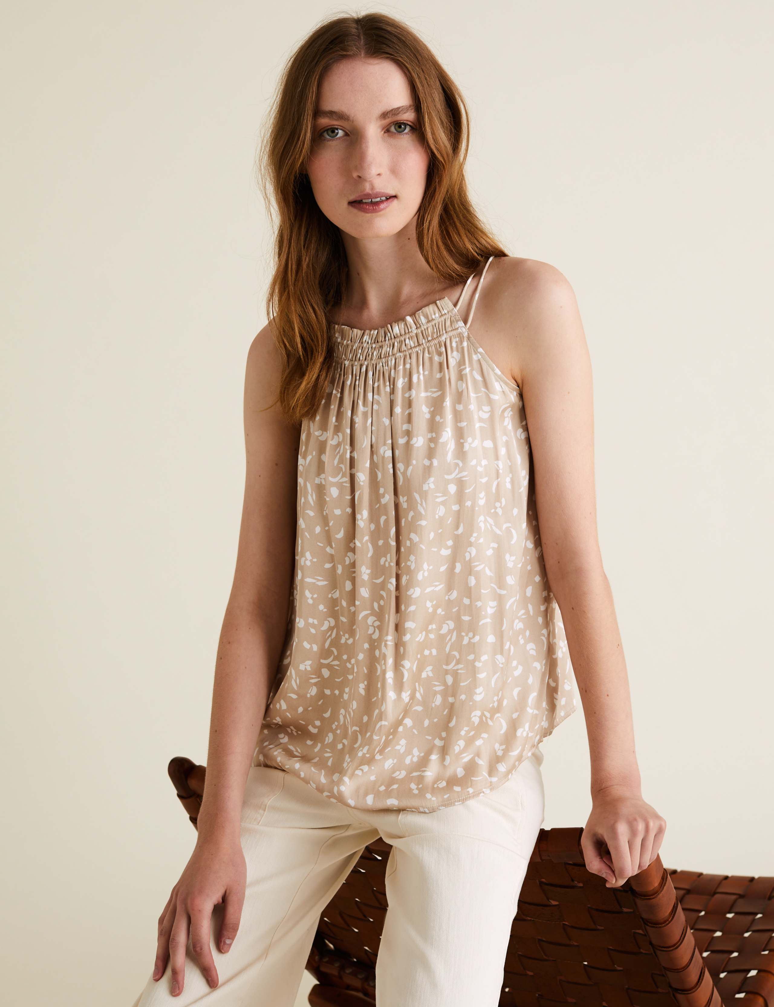 Satin Printed Gathered Neck Camisole Top 1 of 4