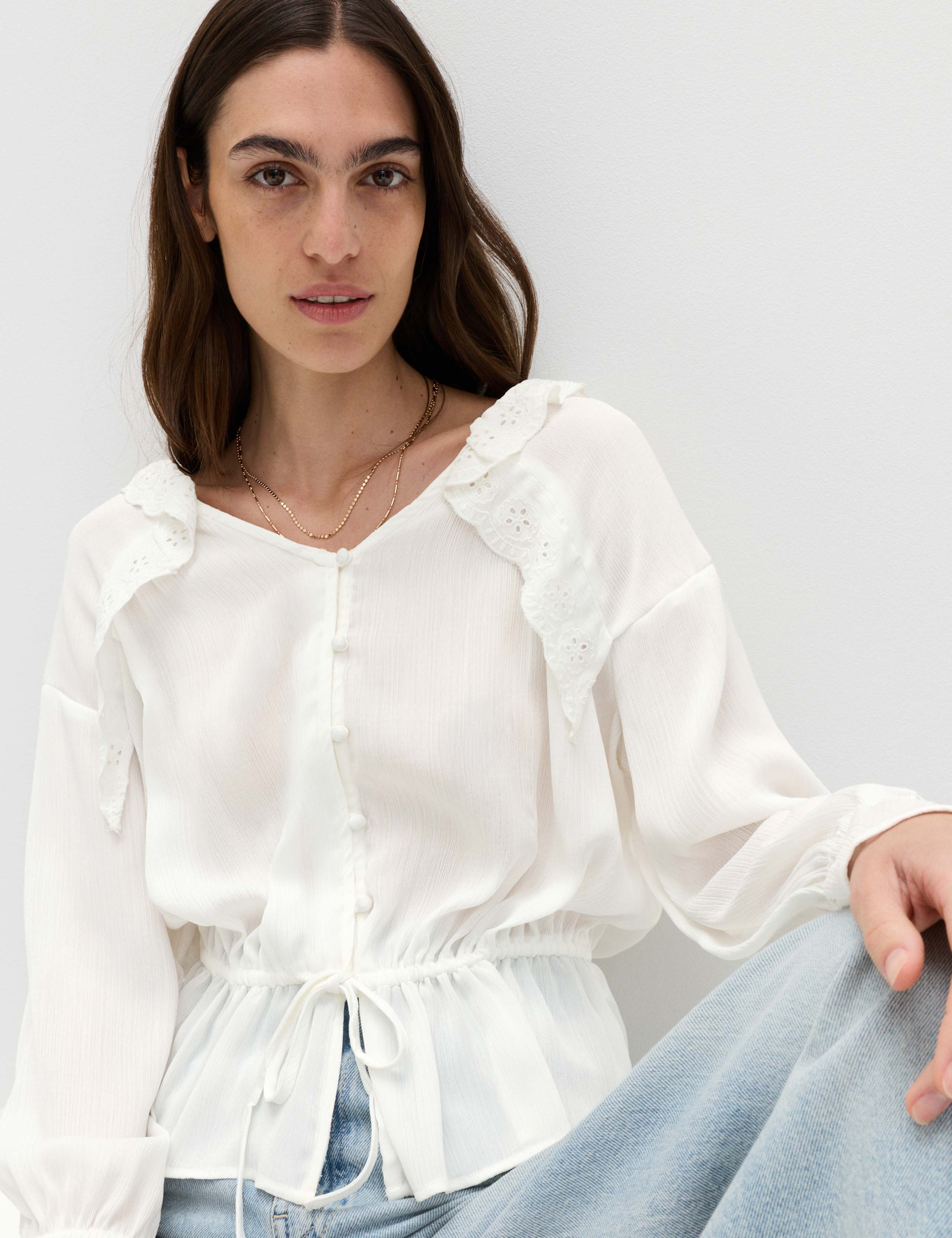 Broderie V-Neck Frill Detail Blouse 1 of 6