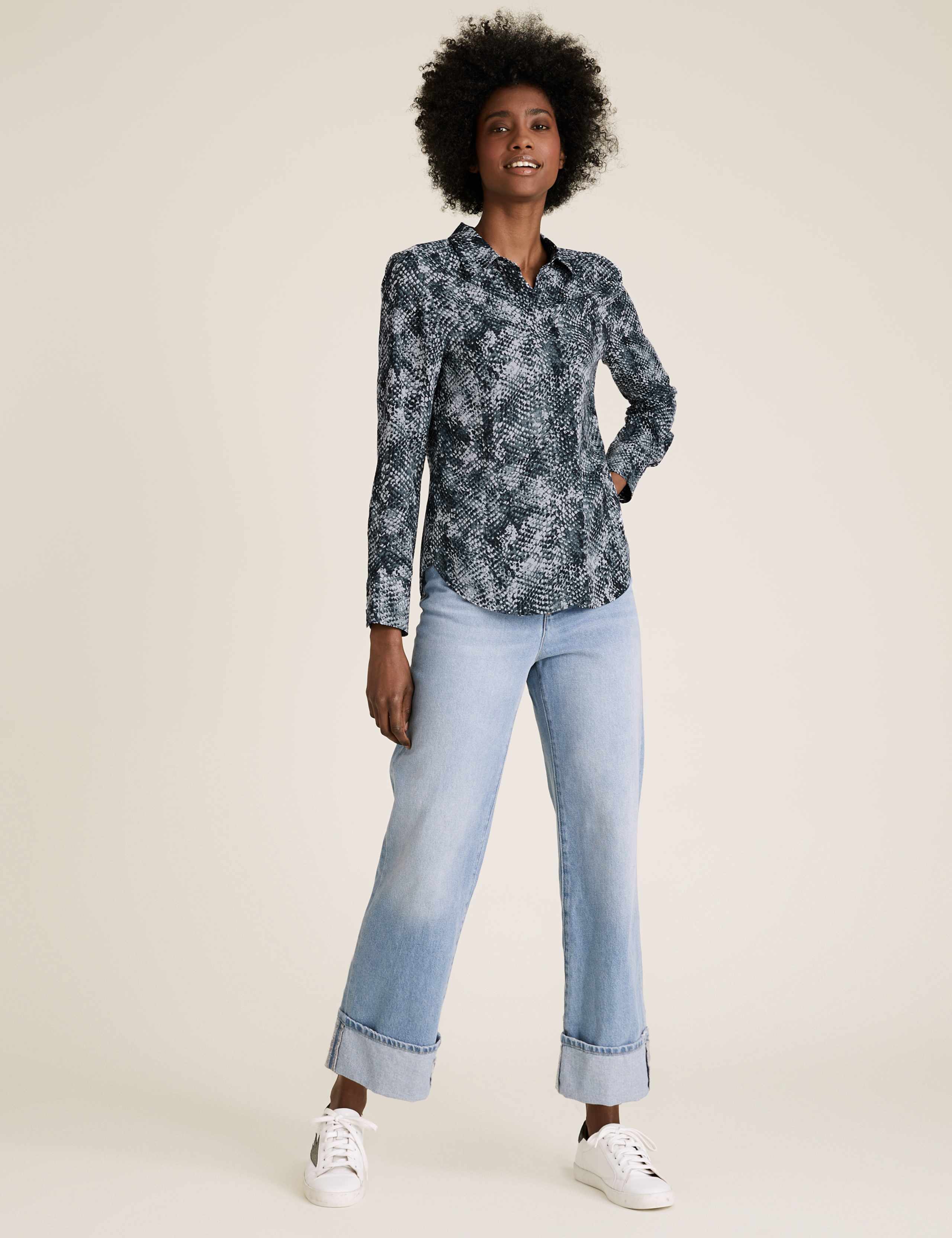 Snakeskin Print Collared Long Sleeve Blouse 3 of 4