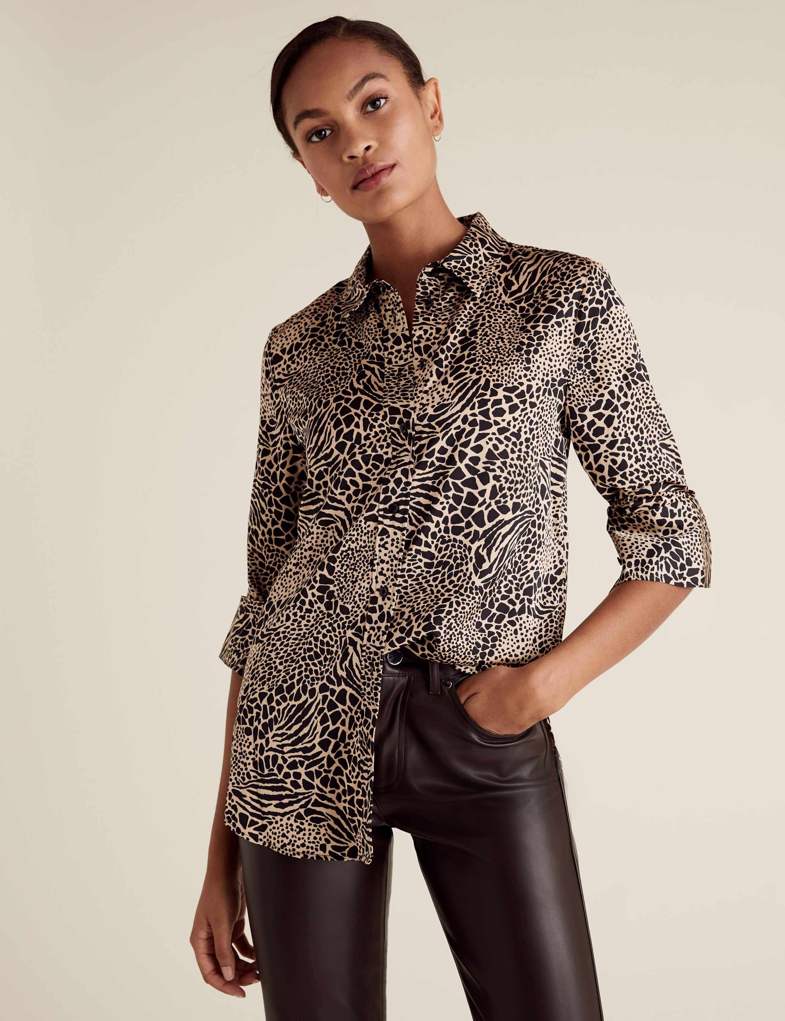 Satin Animal Print Long Sleeve Shirt 1 of 5