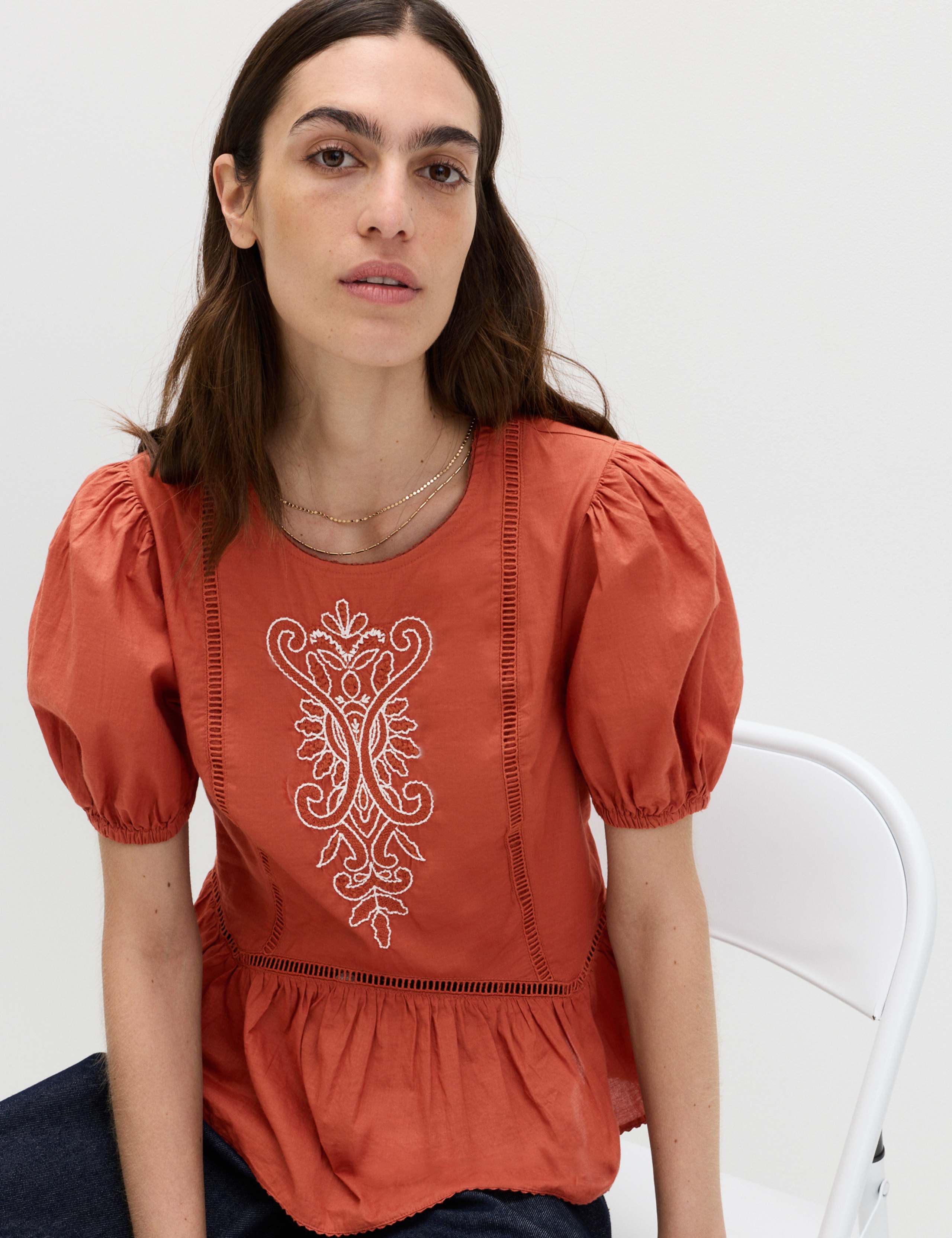 Pure Cotton Embroidered Puff Sleeve Blouse 6 of 6