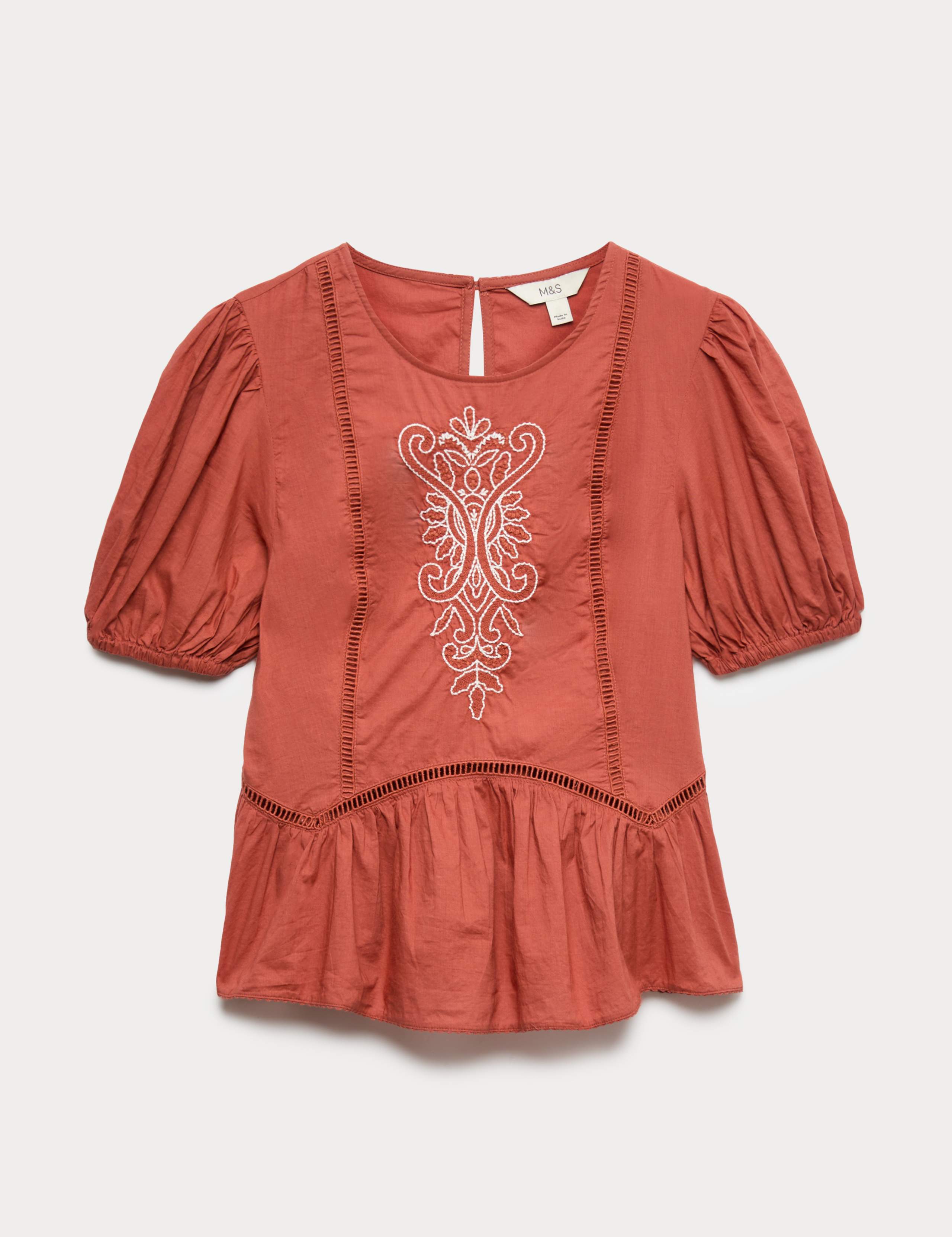 Pure Cotton Embroidered Puff Sleeve Blouse 2 of 6