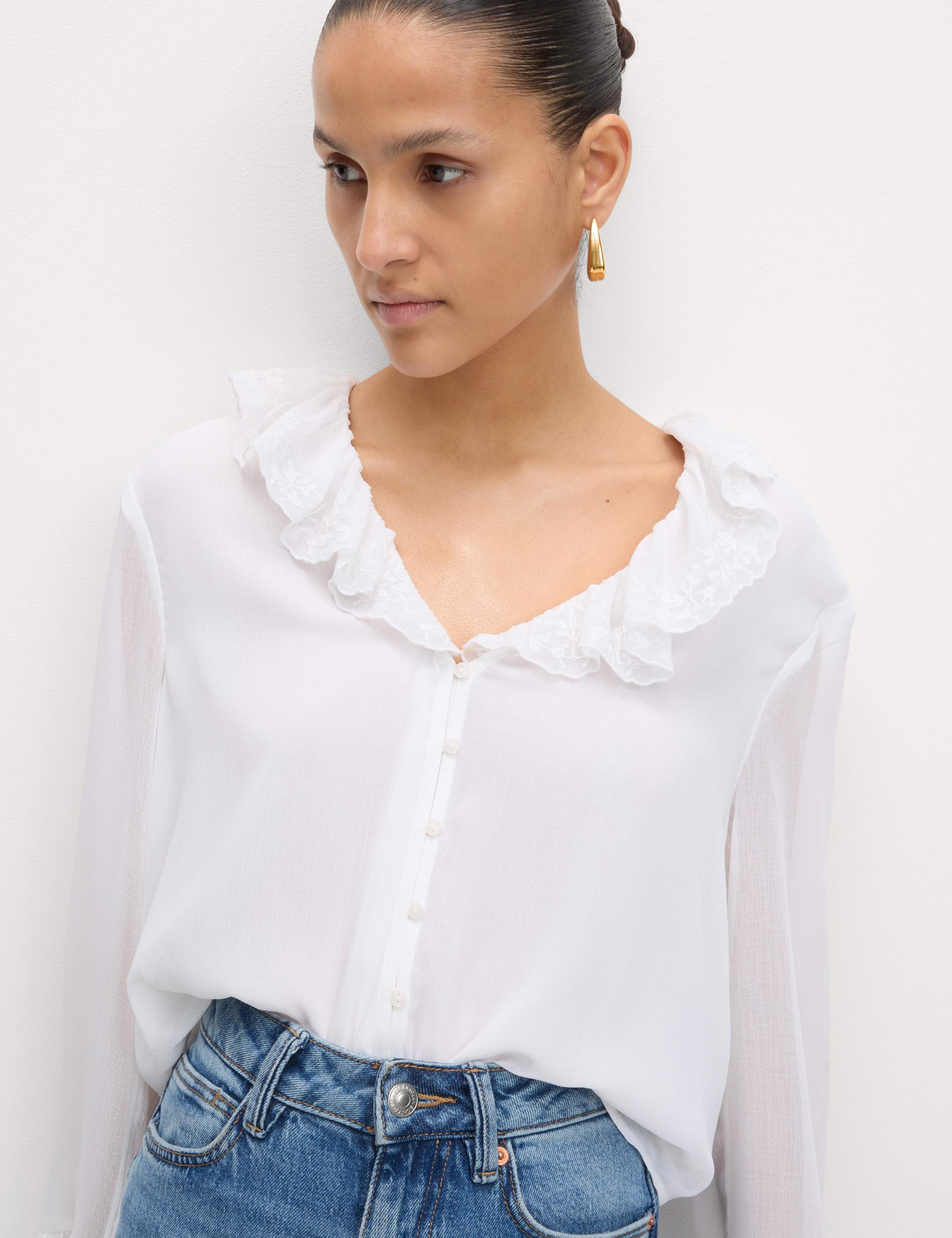 Frill Neck Broderie Button Through Blouse 3 of 5