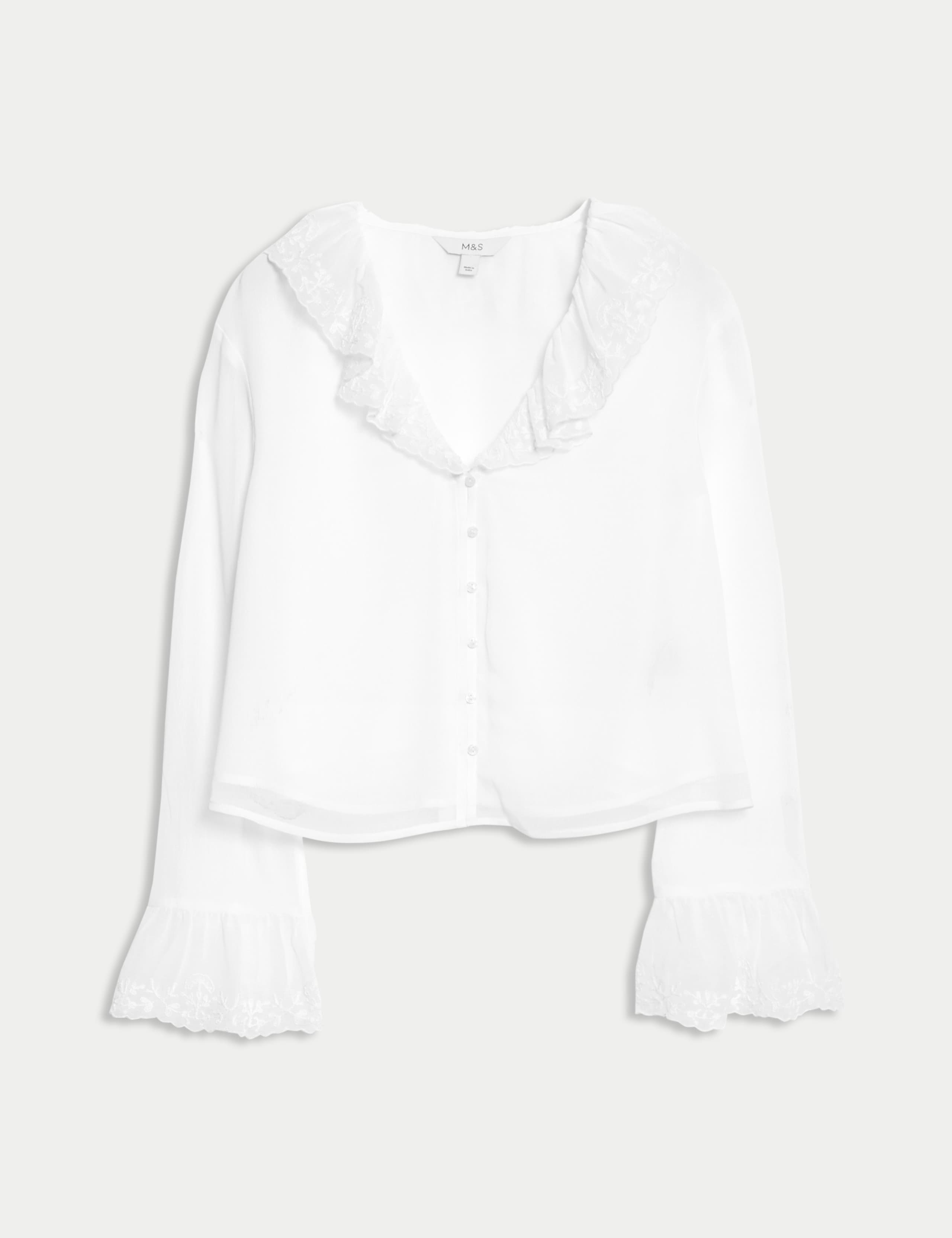 Frill Neck Broderie Button Through Blouse 2 of 5