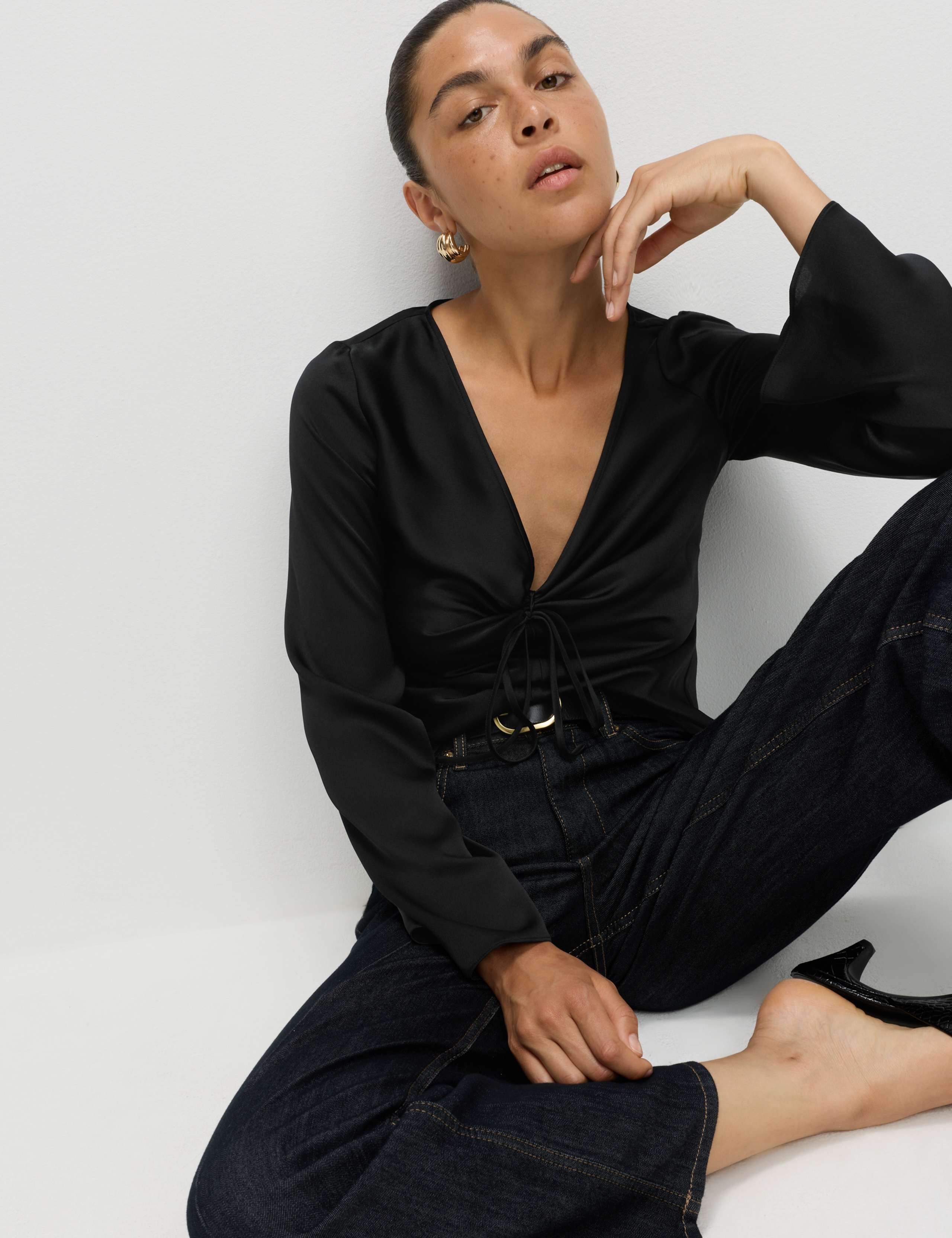 Satin Tie Front Long Sleeve V-Neck Top 3 of 6