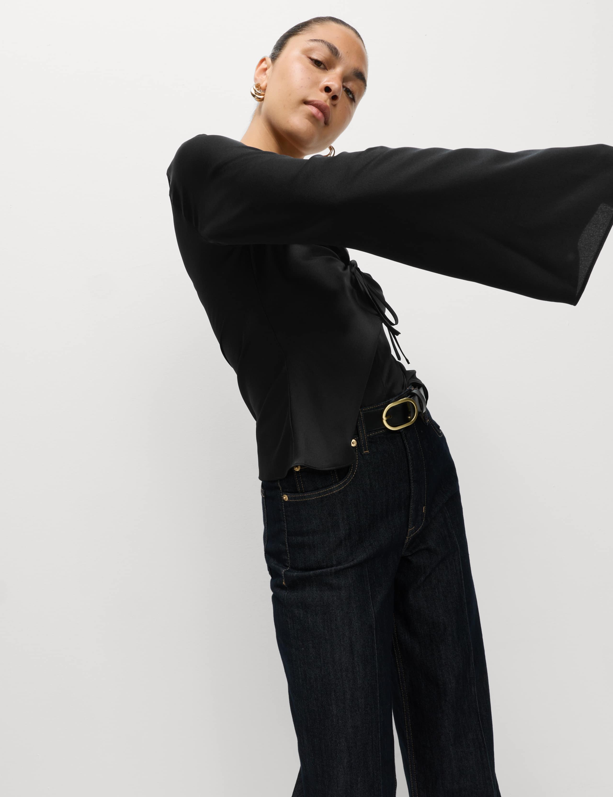 Satin Tie Front Long Sleeve V-Neck Top 4 of 6